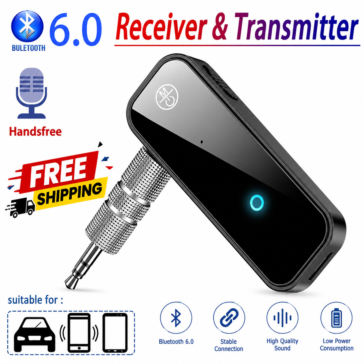 Bluetooth 6.0 Audio Receiver Transmitter Handfree Call 3.5mm AUX Jack USB