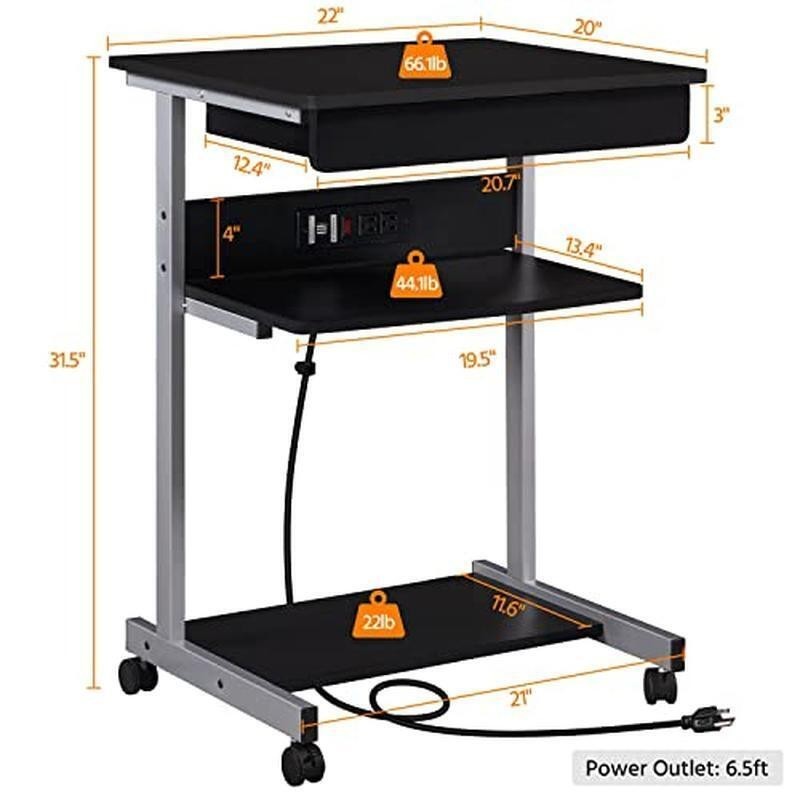Mobile Laptop Desk W/ Power Outlet USB Ports Rolling Computer Table on Wheels