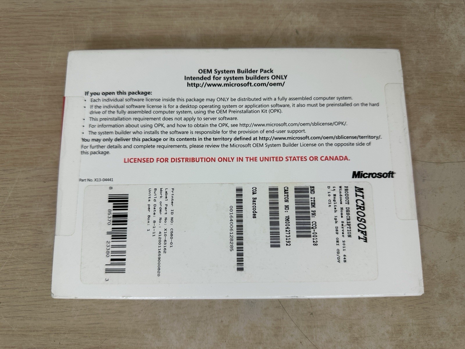 Microsoft Windows Home Server 2011 64-Bit OEM System Builder Pack CCQ-00128: NEW