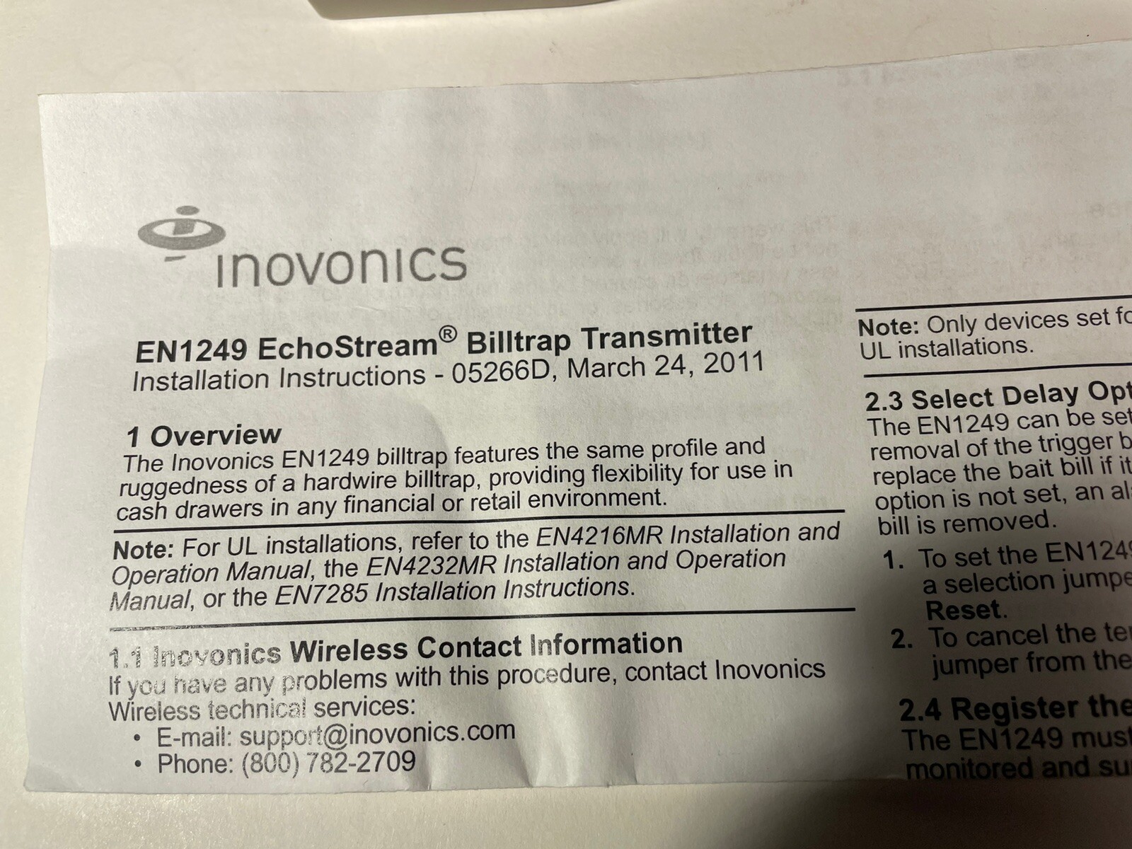 Inovonics EN1249 Billtrap Transmitter NOS NOB