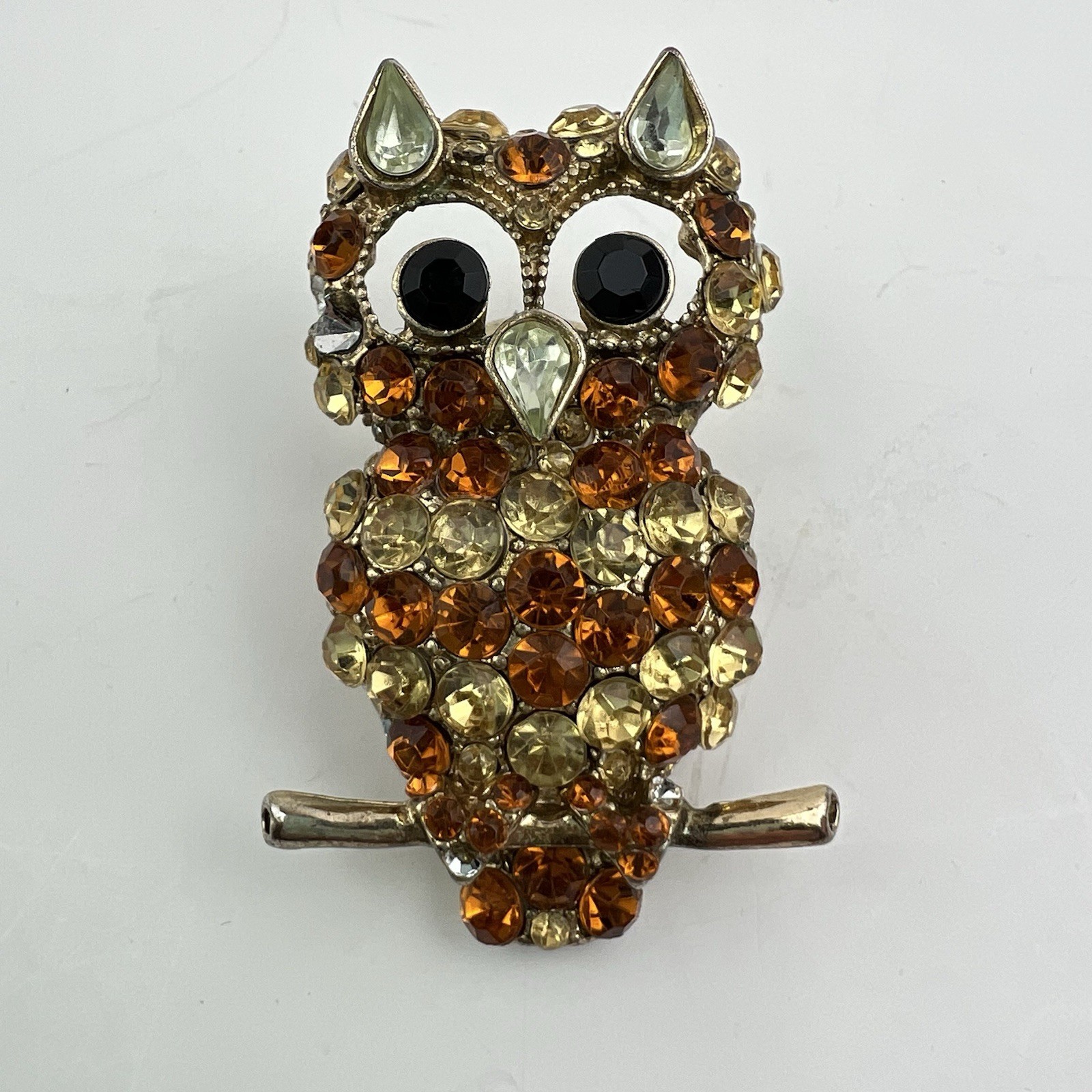 Vintage Horned Owl Cocktail Statement Stretch Ring Wide Eyes Orange Rhinestones