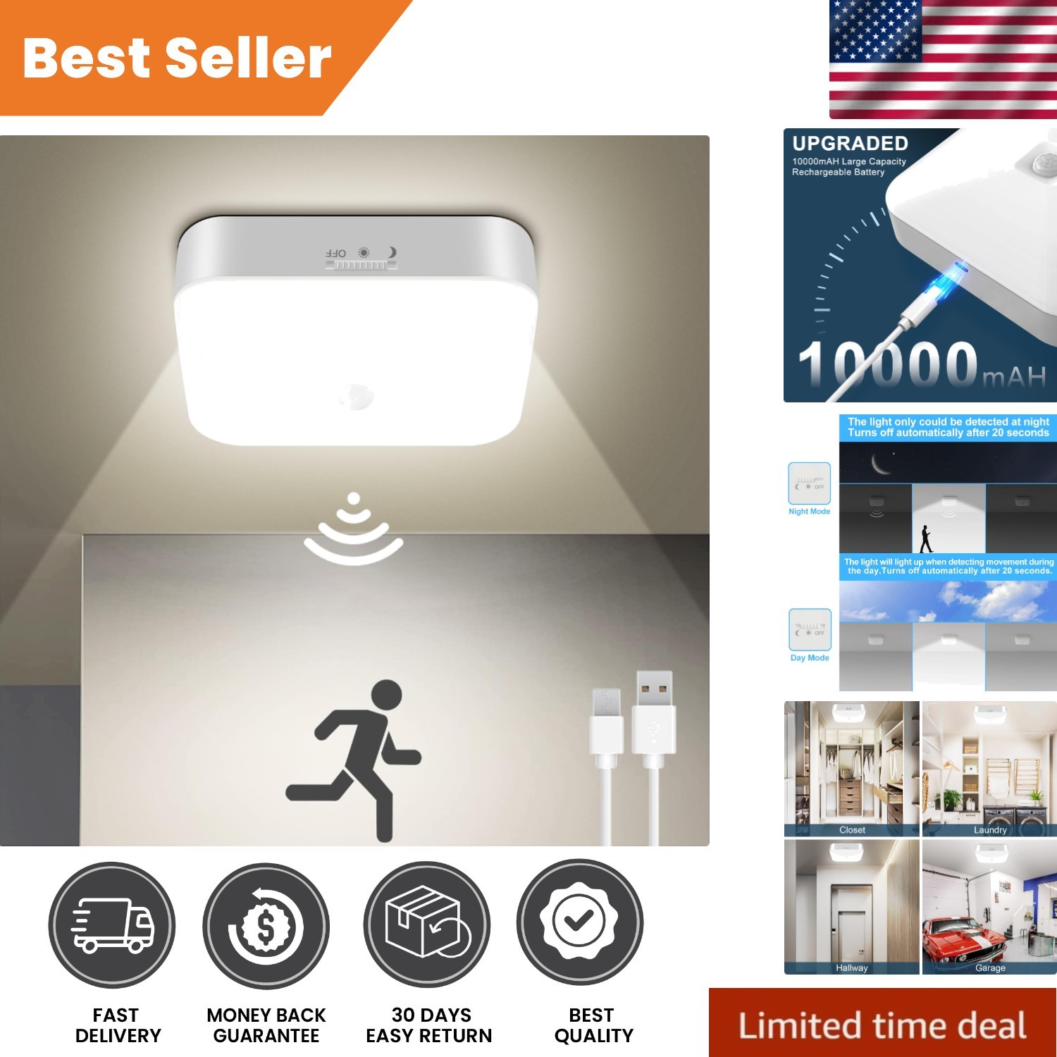 Wireless Rechargeable Ceiling Light with 500LM Brightness - Perfect for Closets