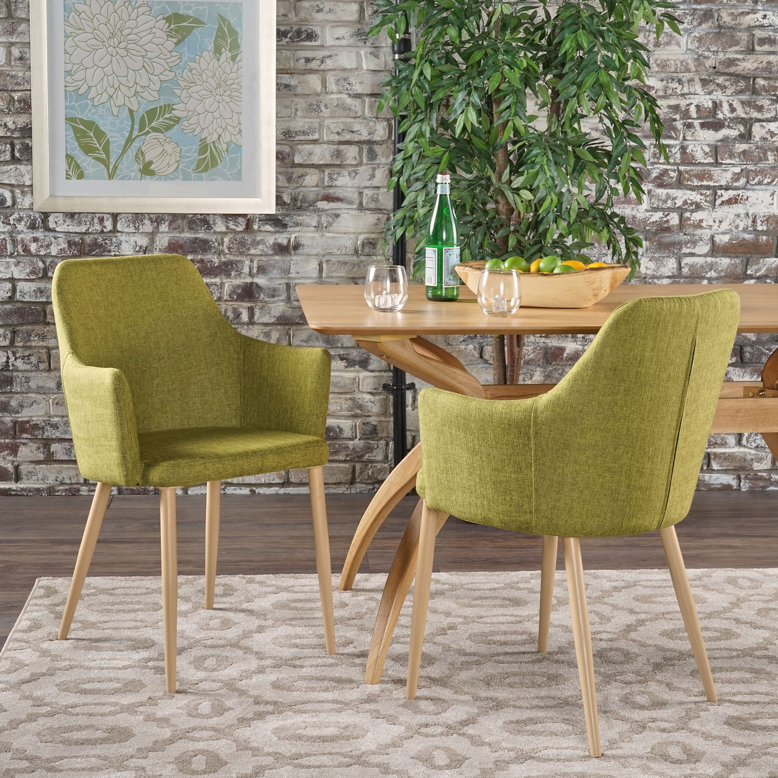Green Fabric Dining Chairs Set of 2, Wood Finish Iron Frame Contoured Seat