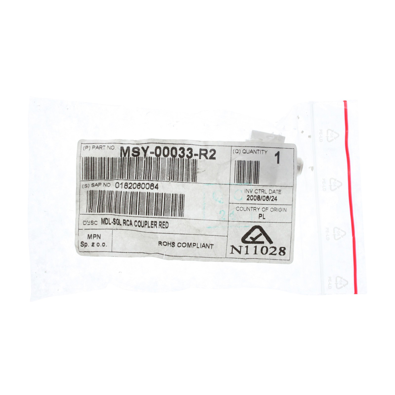 MOLEX MSY-00033-R2 FEED THROUGH SINGLE POSITION RCA COUPLER RED, WHITE