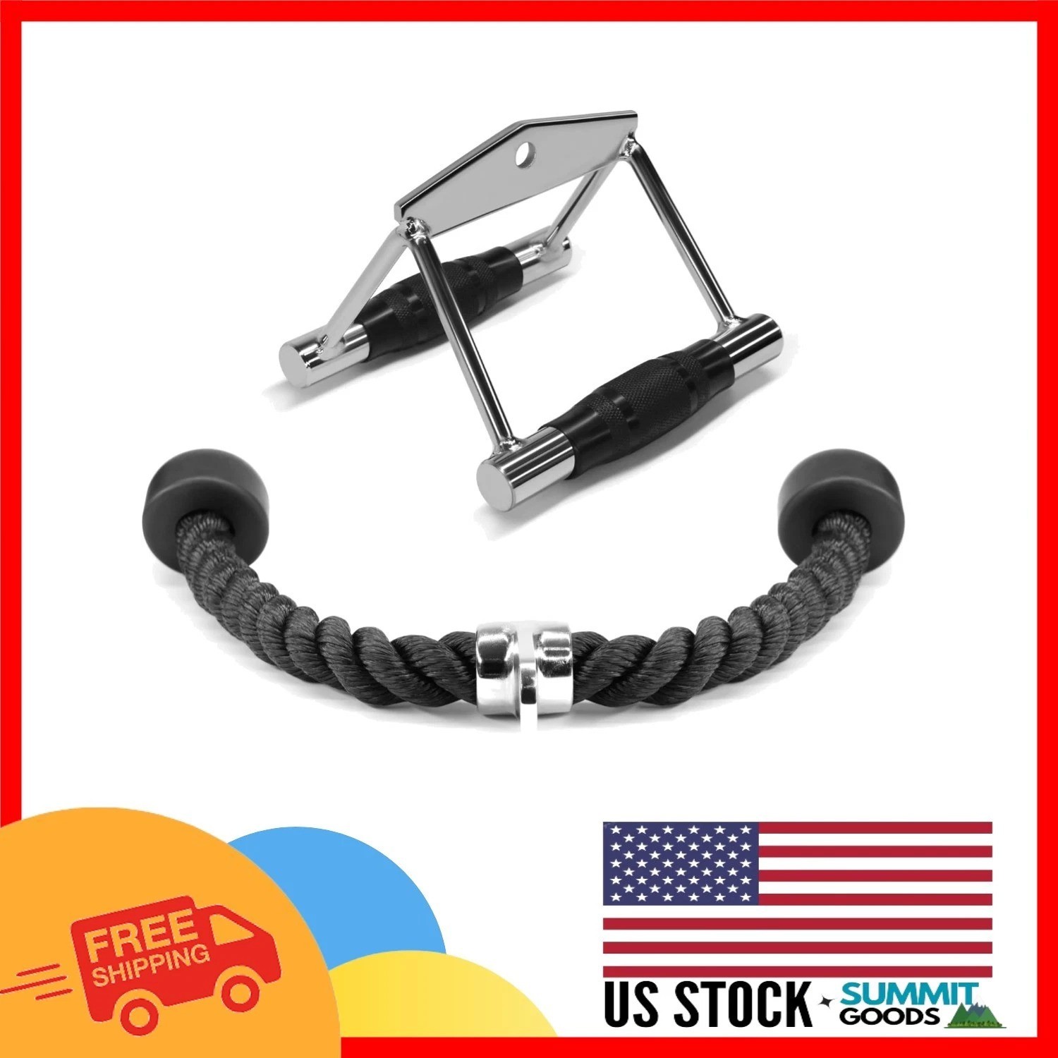 2-Piece Cable Machine Attachment Set: Double D Handle + Tricep Rope for Home Gym