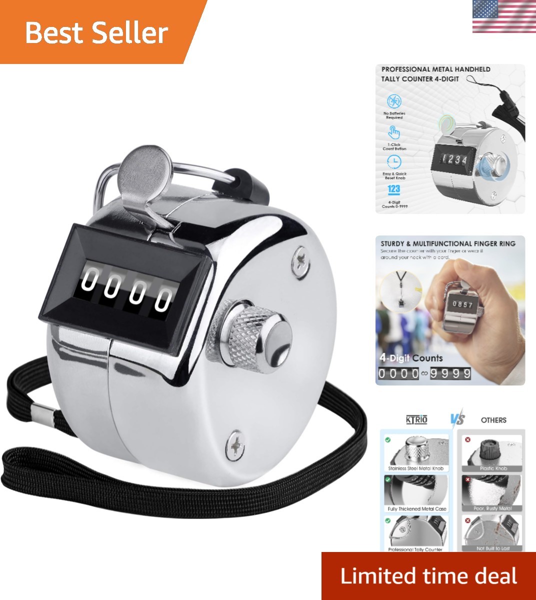 Silver Mechanical 4-Digit Clicker Counter - Durable Handheld for Sports & Hob...