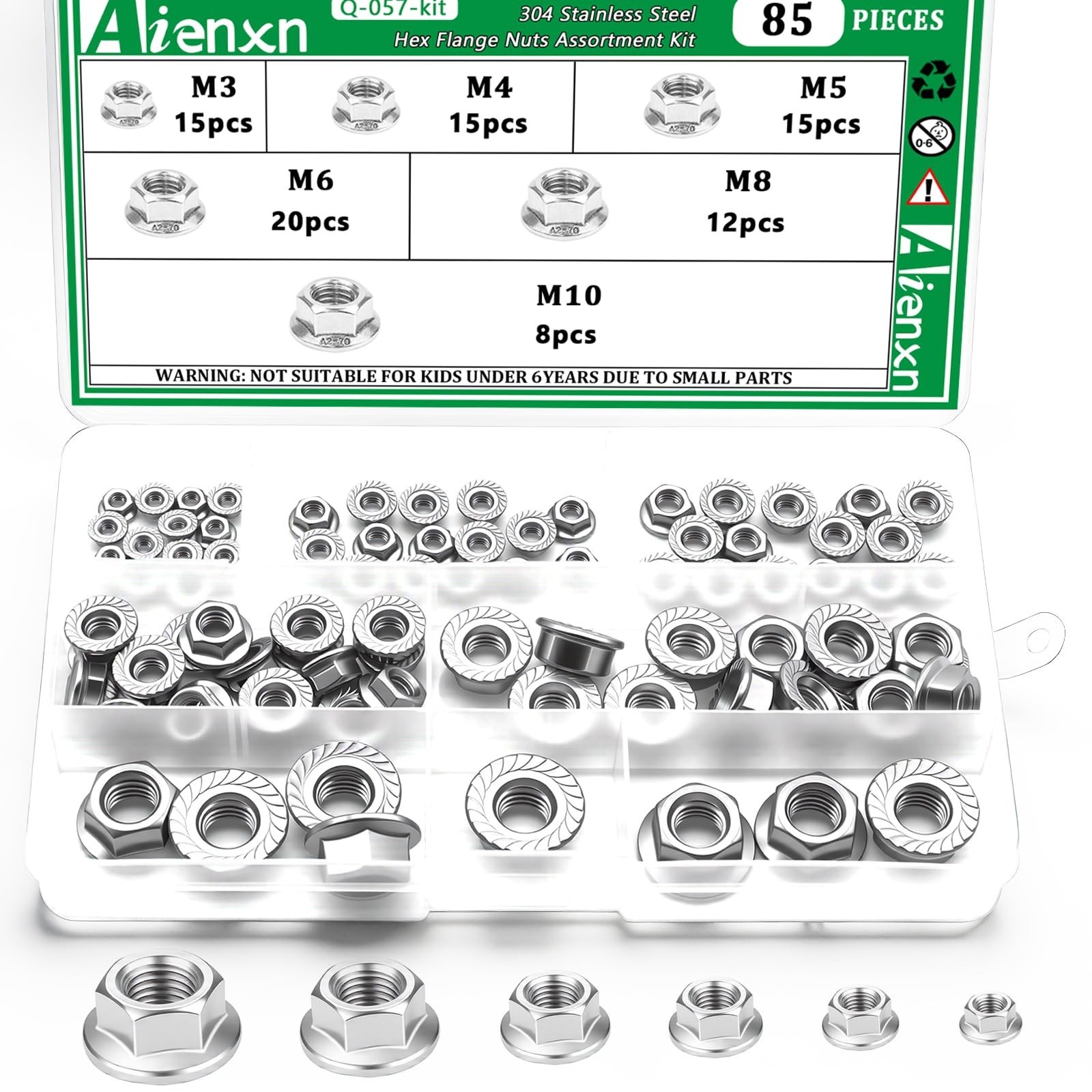 85PCS 6 Metric Sizes 304 Stainless Steel Hex Flange Nuts Assortment Kit-M3 M4...