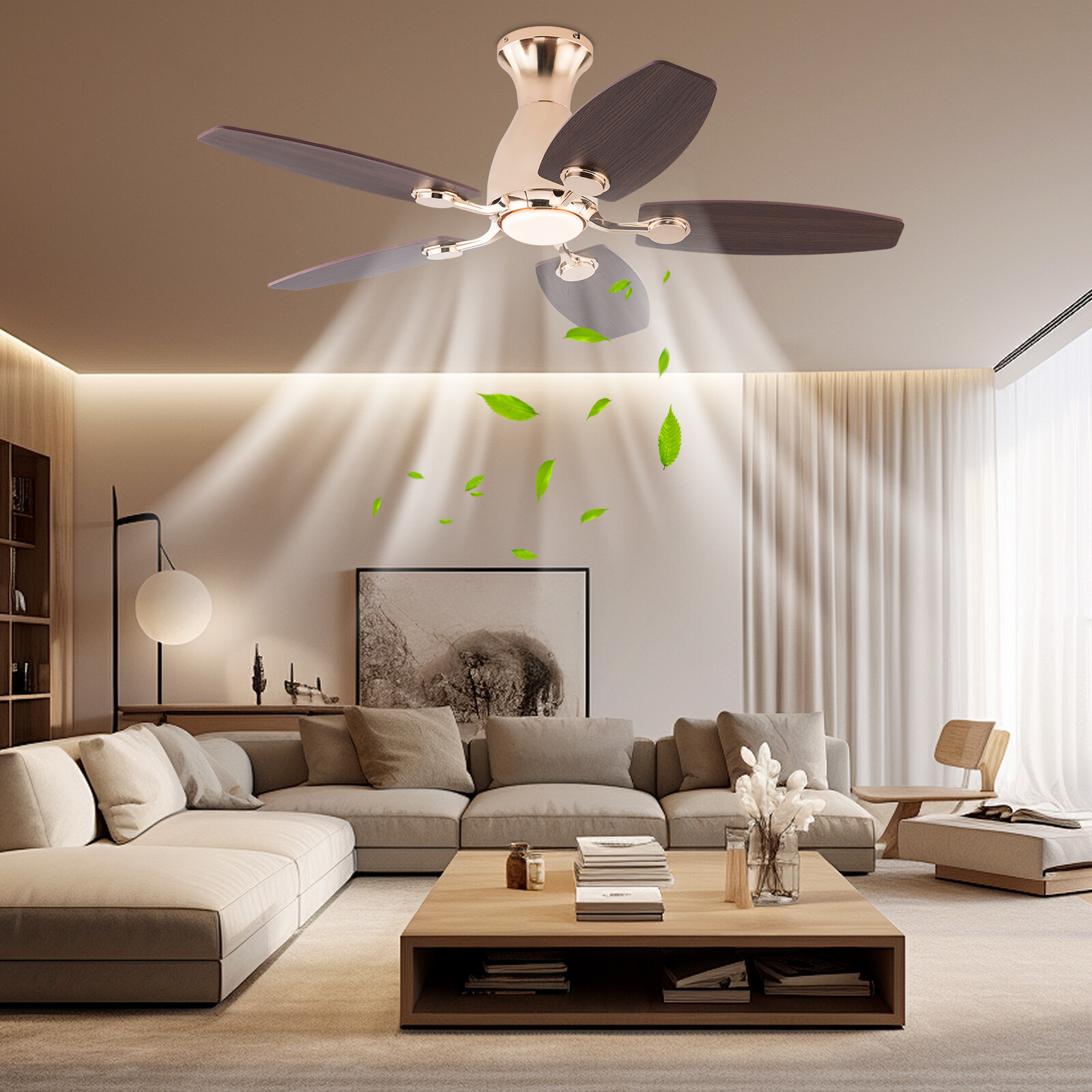 Gold Ceiling Fan Chandelier with Remote, LED Light, 6 Speeds, 5 Blades