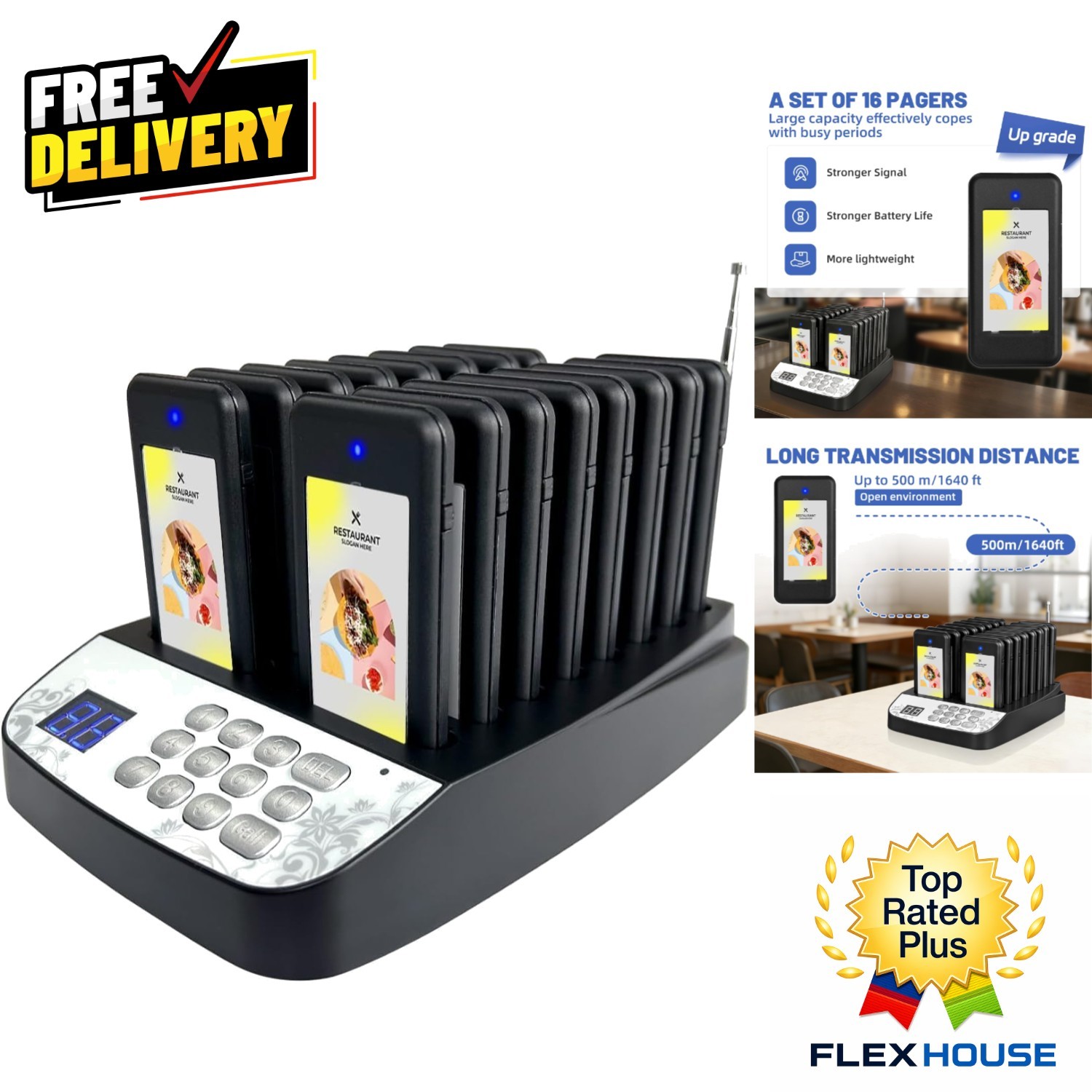 Rechargeable Restaurant Pager System with 16 Buzzers | Vibration & Flash Alerts