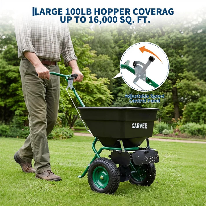 100 lb Push Broadcast Spreader with 12' Spread Width, Adjustable Drop Rate