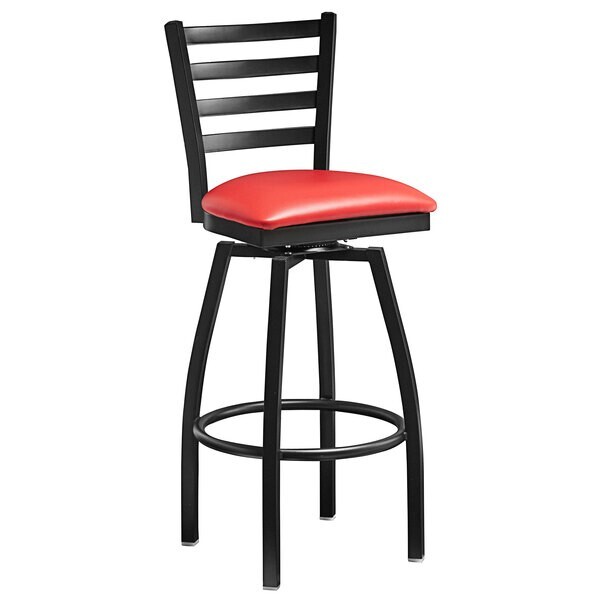 10 PACK Black Ladder Back Swivel Metal Restaurant Barstool With Red Vinyl Seat