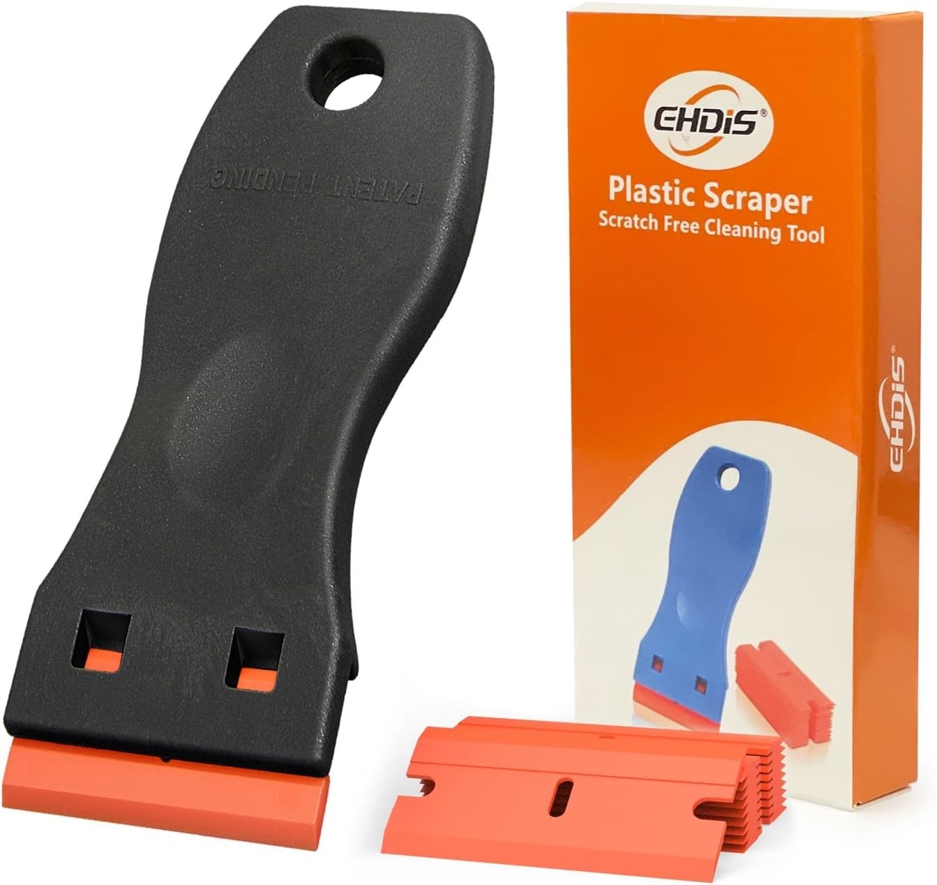 Ergonomic 1.5" Plastic Razor Scraper Tool with 10 Blades for Adhesive Removal