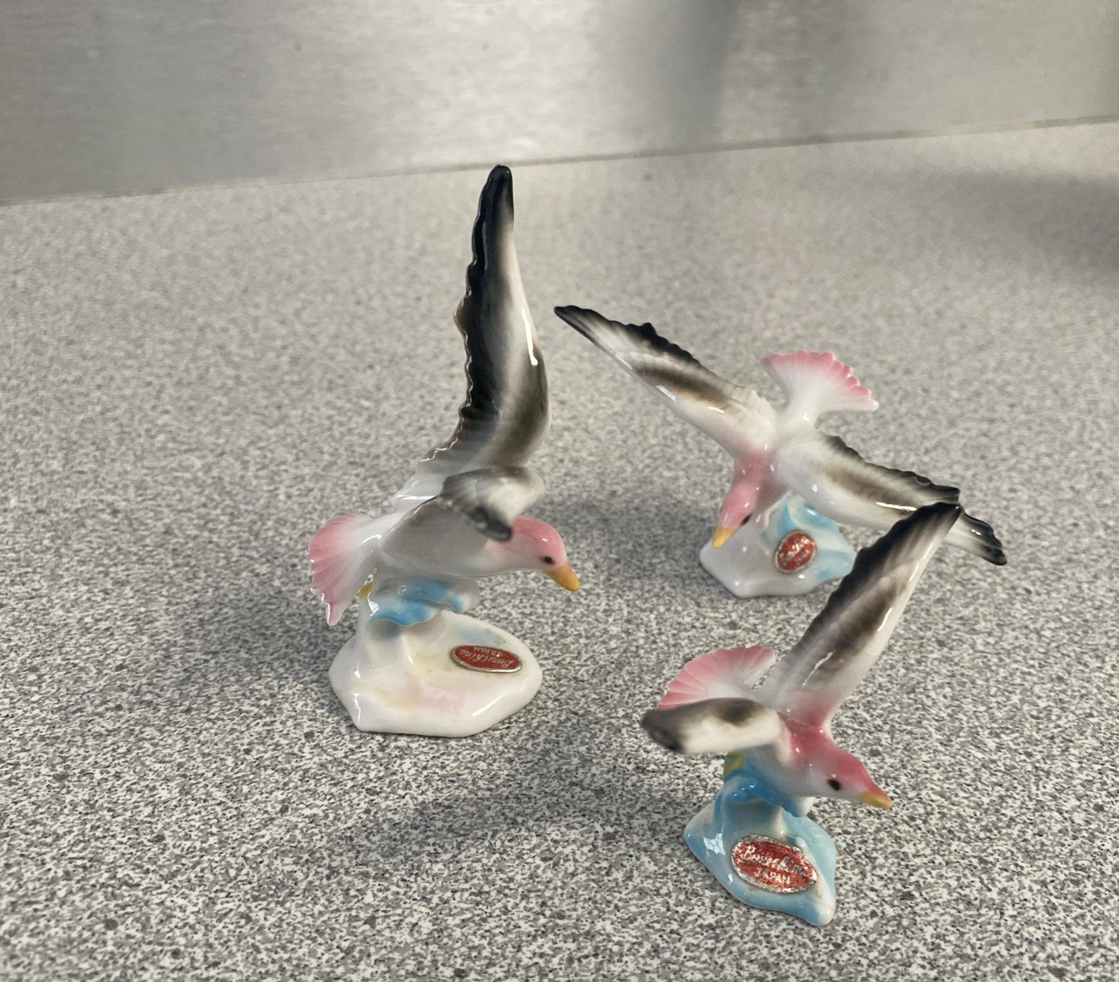 Vintage Made In Japan Lot of 3 Bone China Pink Blue Seagull Family  Orig Sticker