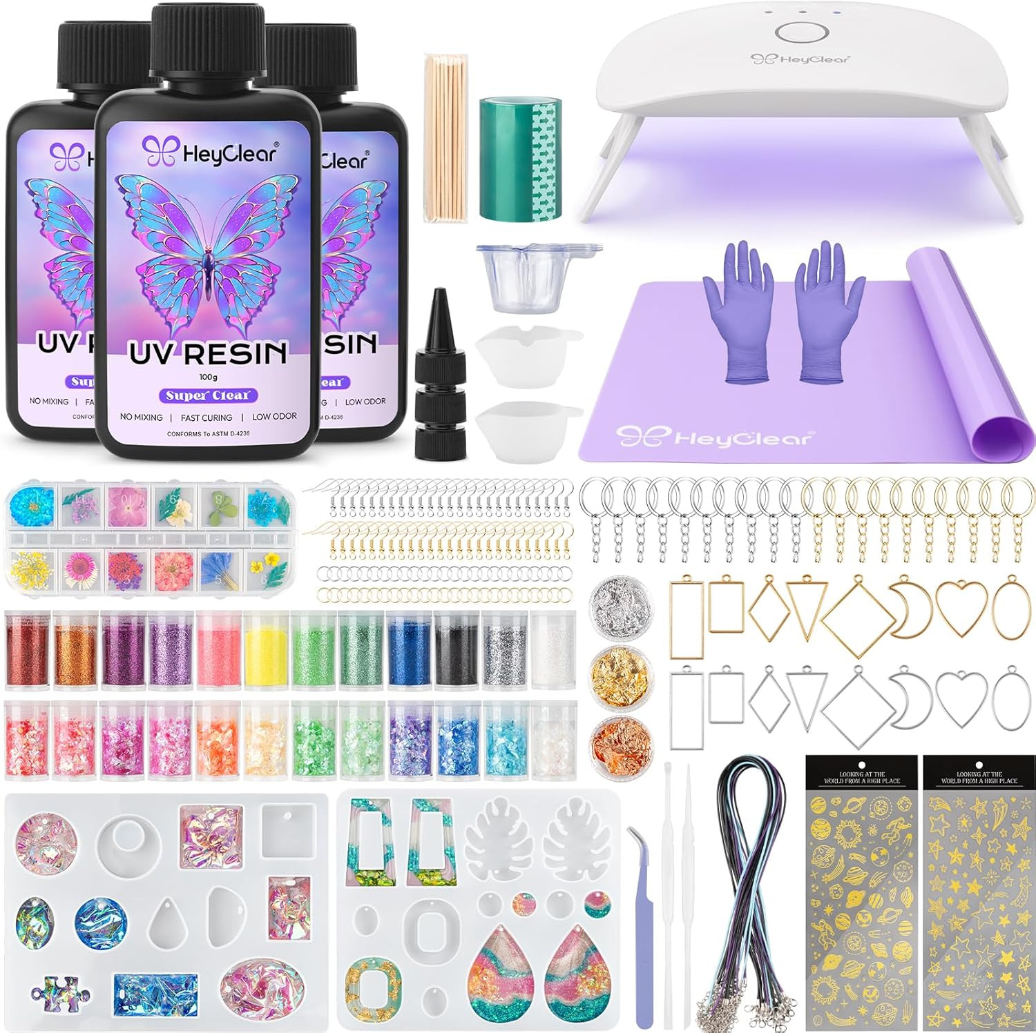 HeyClear UV Resin Kit with Molds and UV Light for Jewelry Making -300g Super