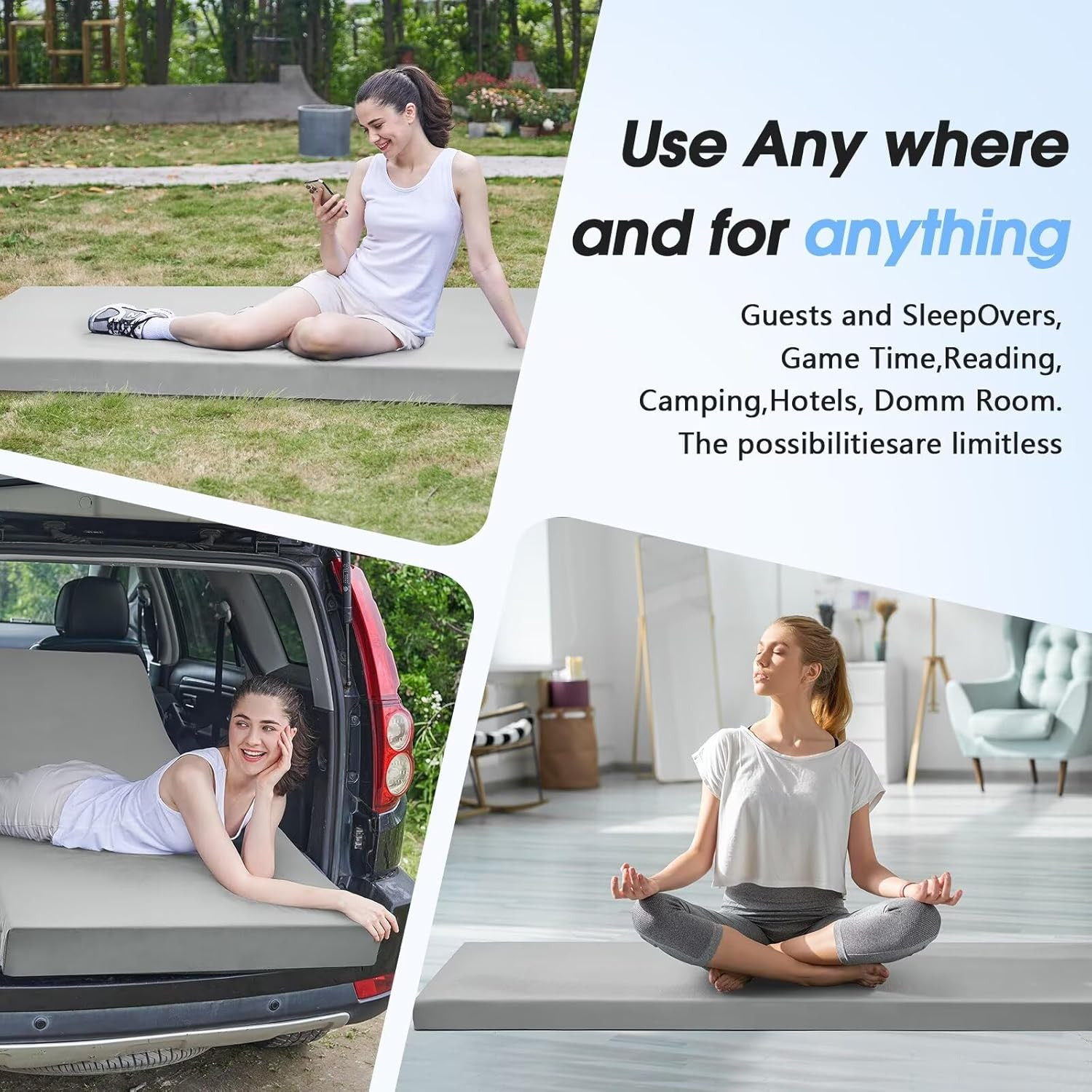 Memory Foam Camping Mattress Pad,3Inch Sleeping Pad for Camping,Non-Slip Bottom