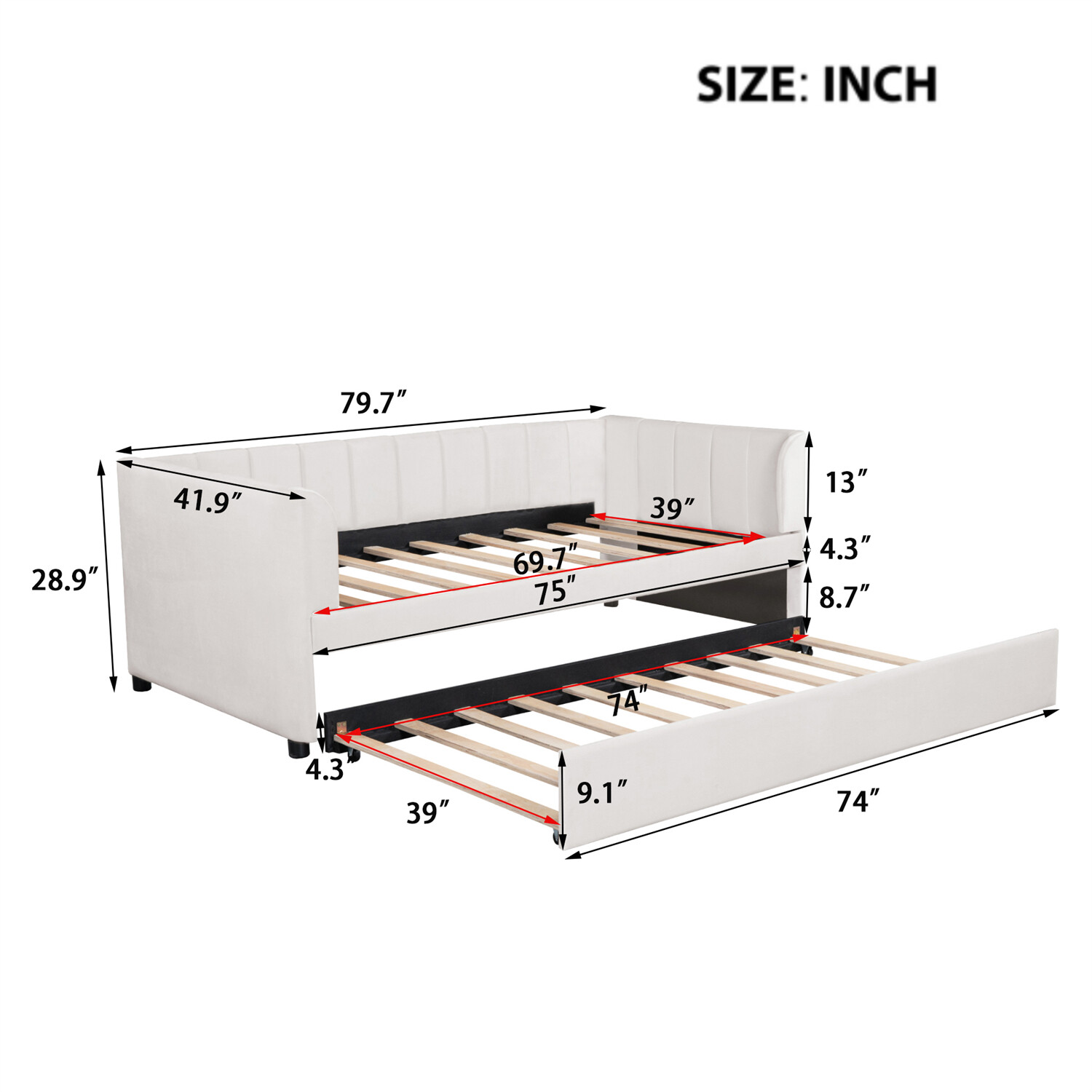 Twin Size Daybed Upholstered Bed Frame Sofa Bed w/ Trundle Bed Beige/Gray/Pink