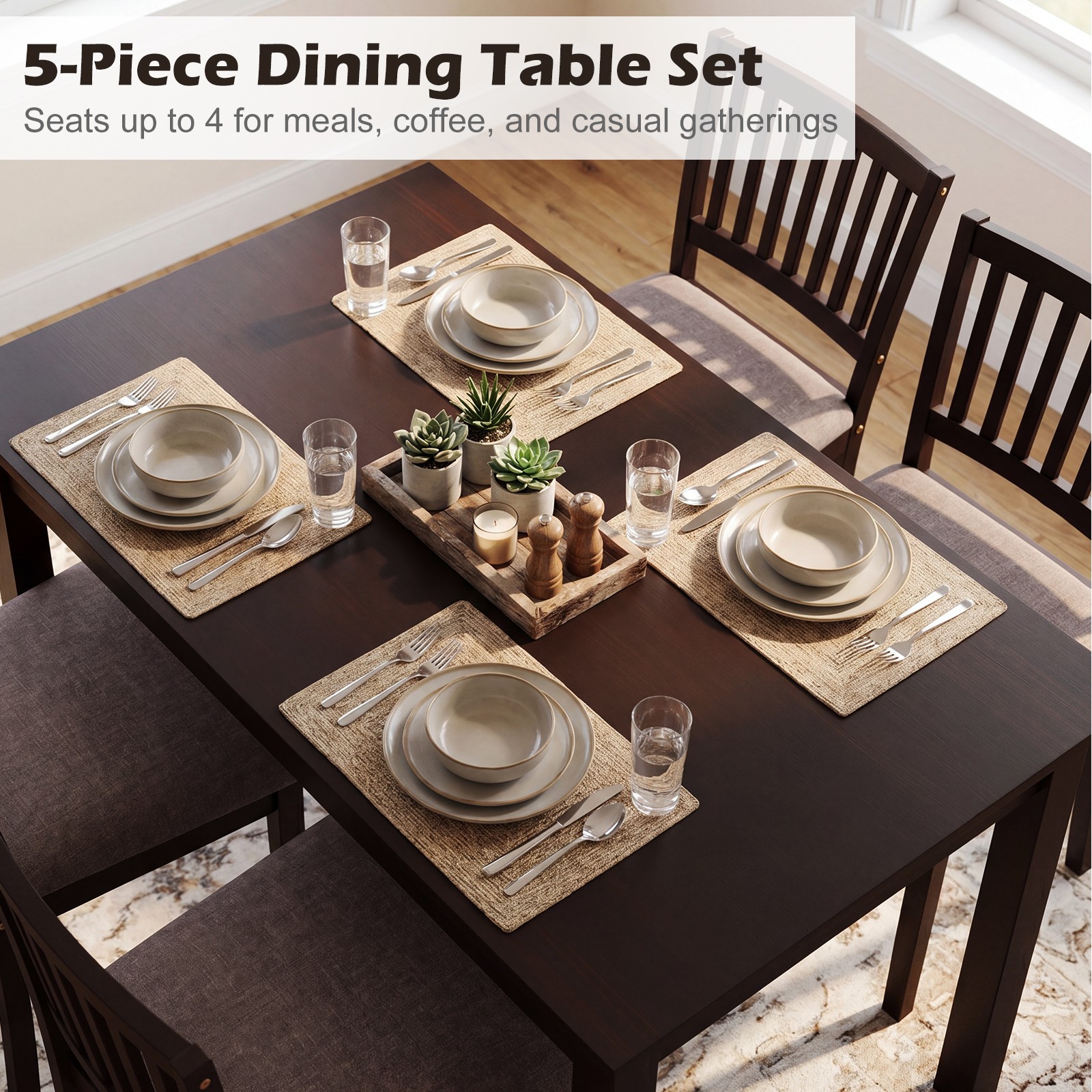 5-Piece Dining Table Set, Rectangular Kitchen Table with Upholstered Chairs
