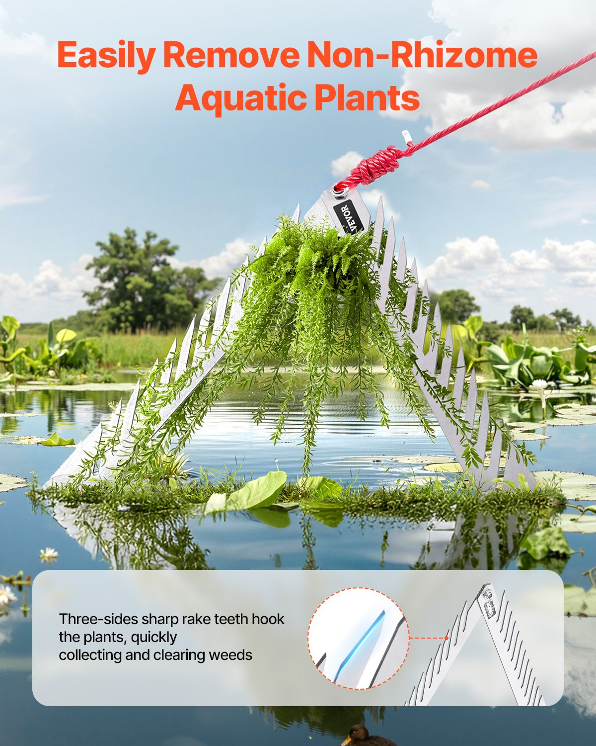 24in Aquatic Weed Rake, 3-Sided Lake Weed Rake with Handle, for Lakes Ponds