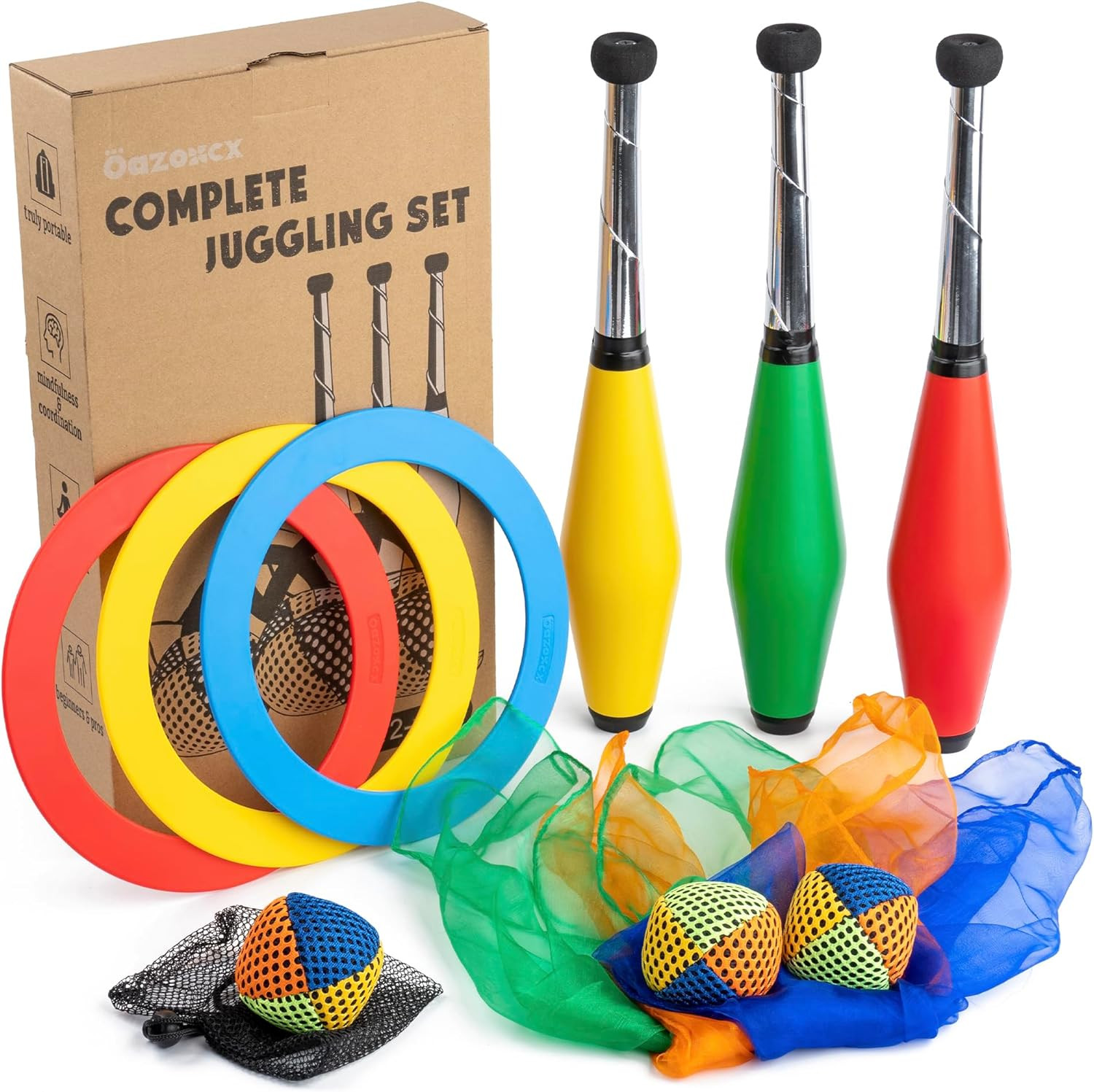 Juggling Kit for Beginners Complete Set –Juggling Balls, Scarves, Rings & Clubs