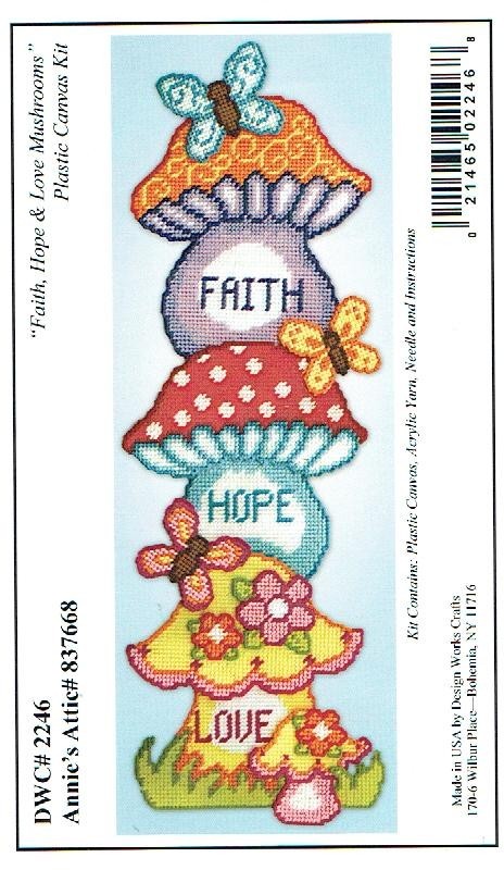 FAITH, HOPE & LOVE MUSHROOMS WALL HANGING   plastic canvas  PATTERN (#TF0613)