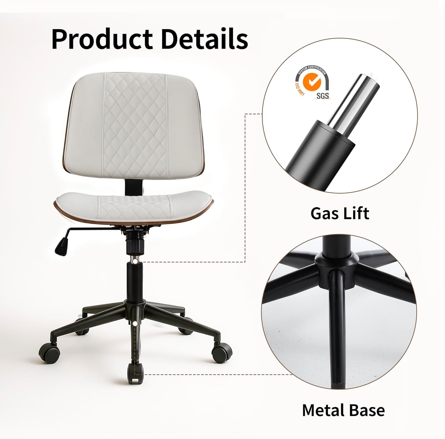 Small Home Office Chair Armless Mid Back Desk Chair W/ 360° Swivel & Wheels PU