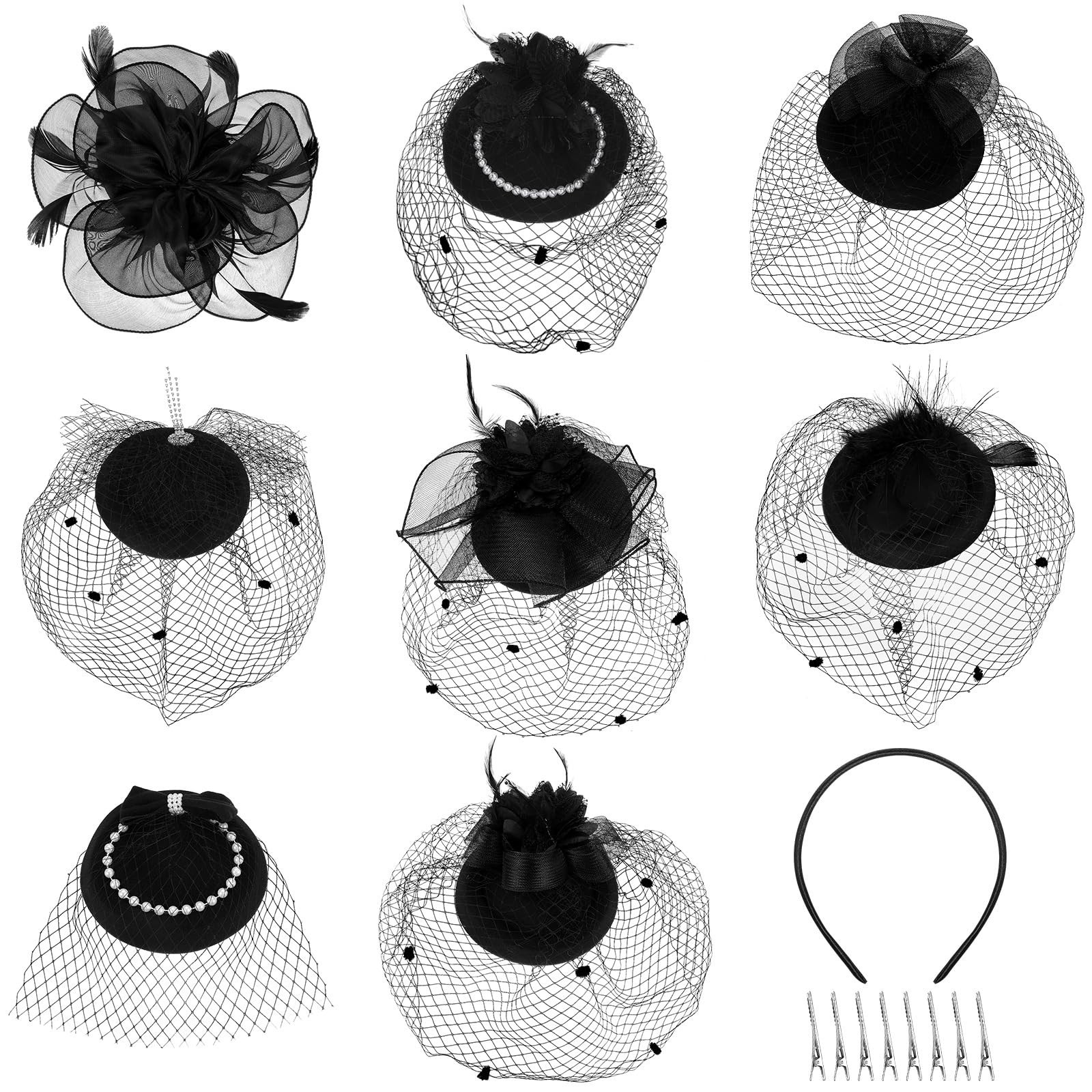 Geyoga 8 Pcs Mardi Gras Fascinators Funeral Hats Pillbox Hat with Veil Feathe...