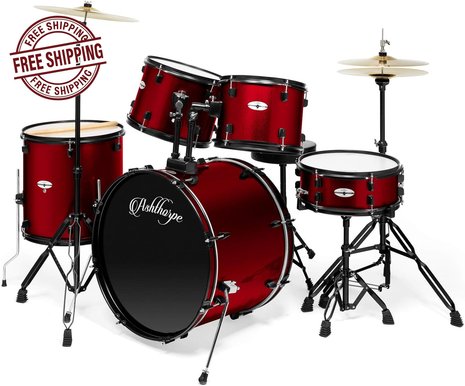 Ashthorpe 5 Piece Full Size Adult Drum Set Red w Remo Heads Cymbals Throne Kit
