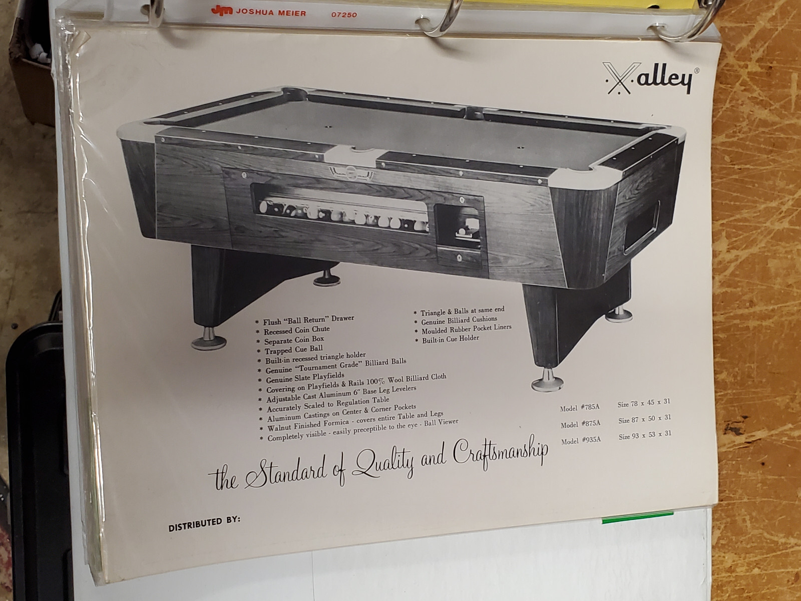 Valley Pool Tables flyer- good original 8 By 11 Inches