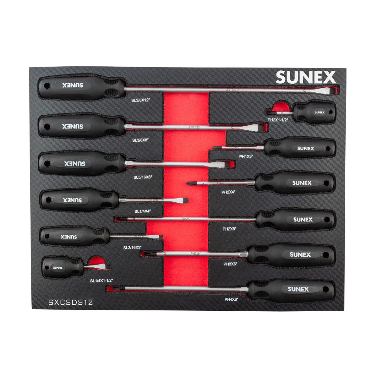 SUNEX Phillips and Slotted Magnetic 12 Piece Screwdriver Set in EVA Foam SXCSDS1