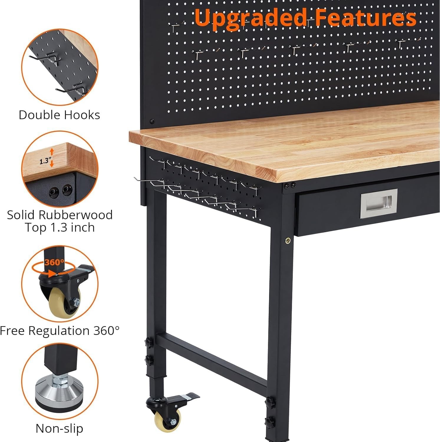 48" Workbench with Pegboard, Power Outlets & Drawer, Adjustable Height Worktable