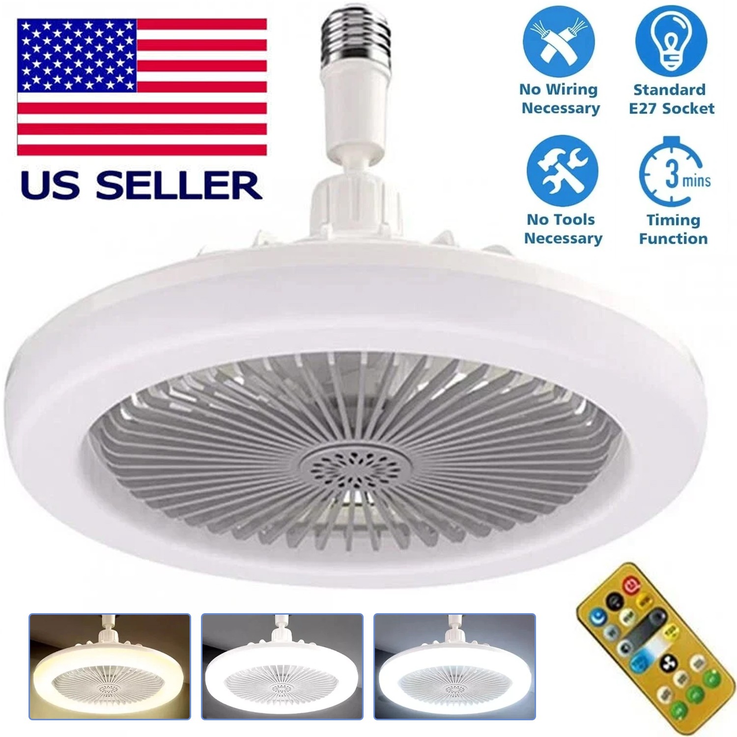 10" Adjustable E27 Socket Ceiling Fan Light 3-Color Temp LED Chandelier w/Remote