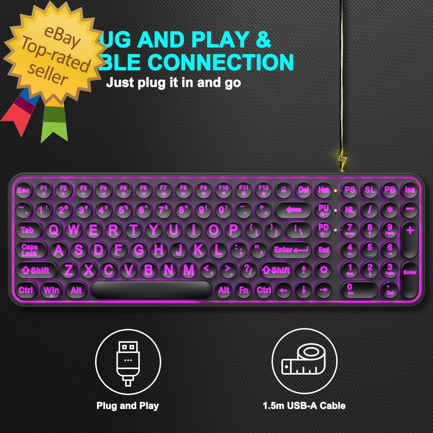 Large Print Backlit Keyboard, Wired USB Lighted Computer Keyboards with 7-Color