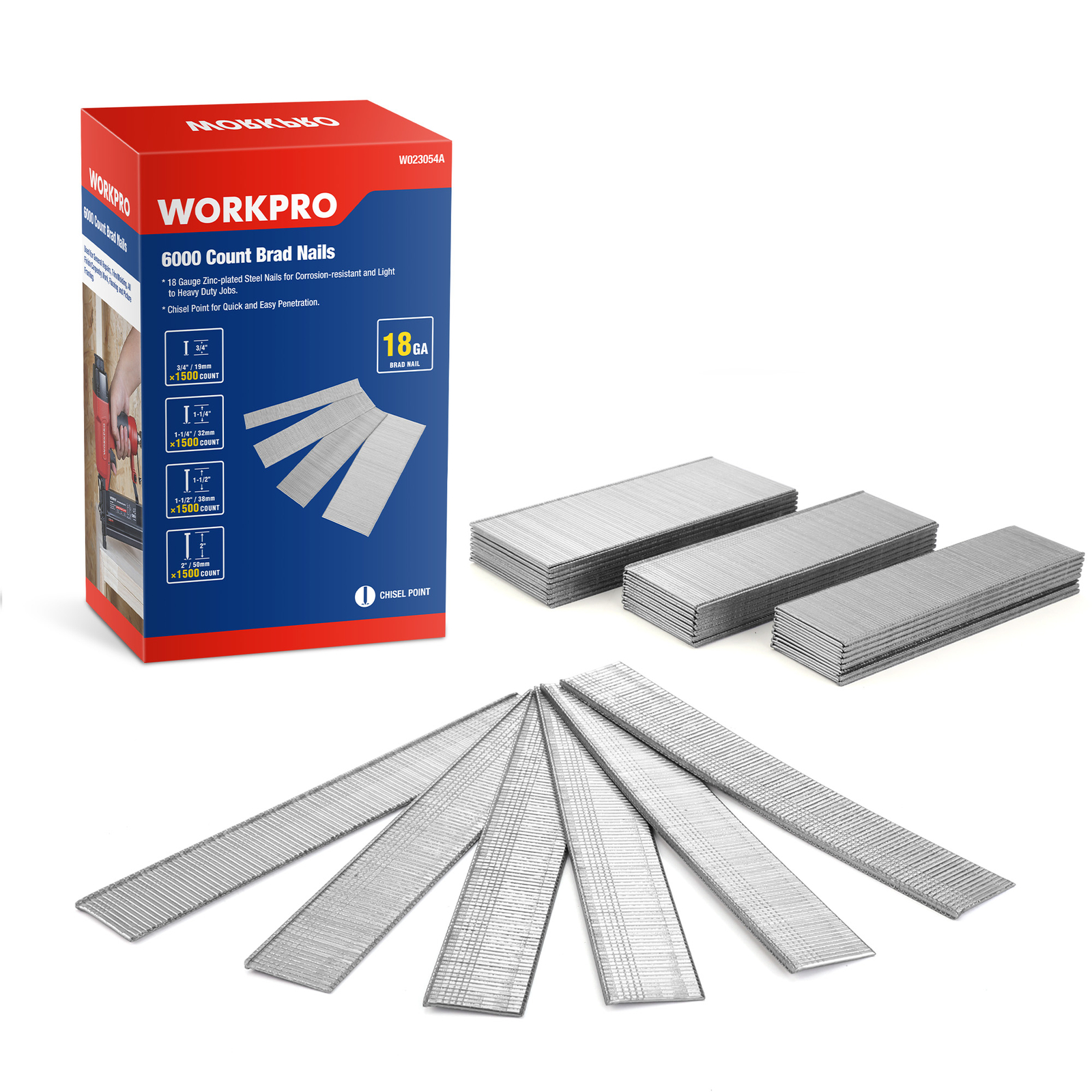 WORKPRO 18 Gauge Brad Nails, 2'',1-1/2'',1-1/4'', 3/4'' 6000 Count Universal