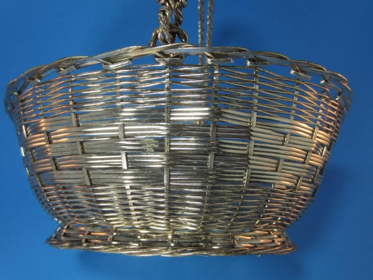 *Basket Silvertone Woven Metal, Quality, Heavy, Swing Handle Easter, Display 7"L