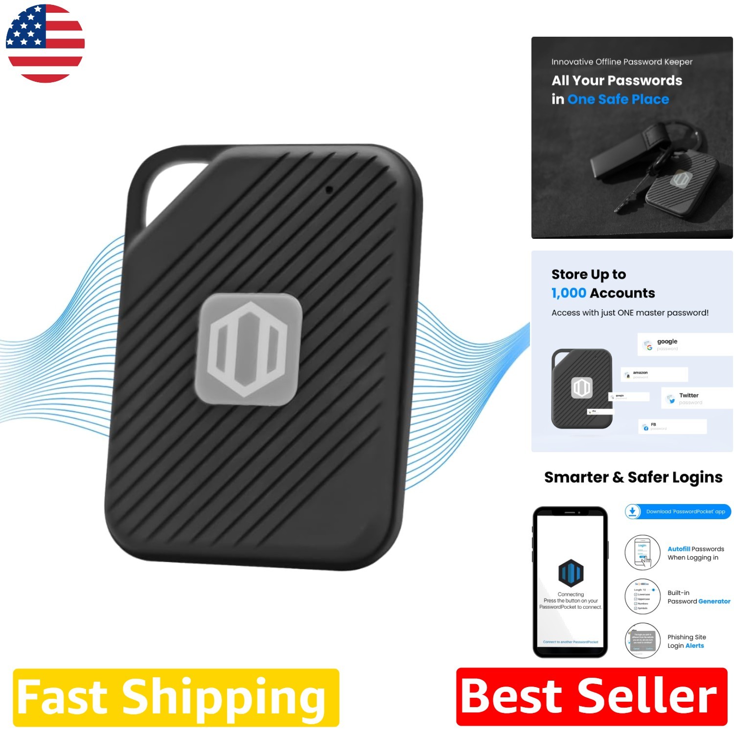 Secure Bluetooth Password Keeper 1000GB SSD Military Encrypt Offline Autofill