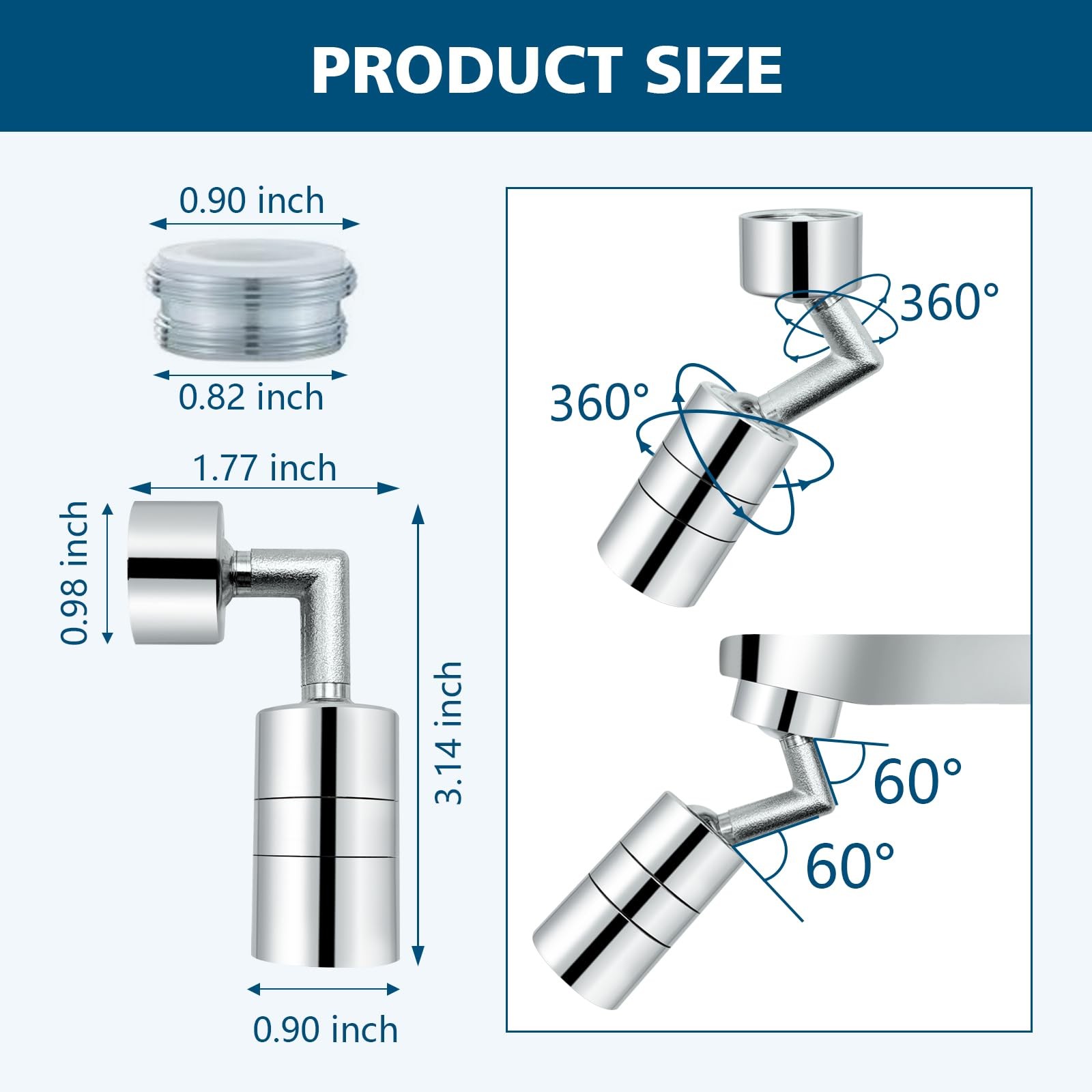720° Rotating Water Controller 2-Flow Sink Attachment 55/64" Chrome Extender