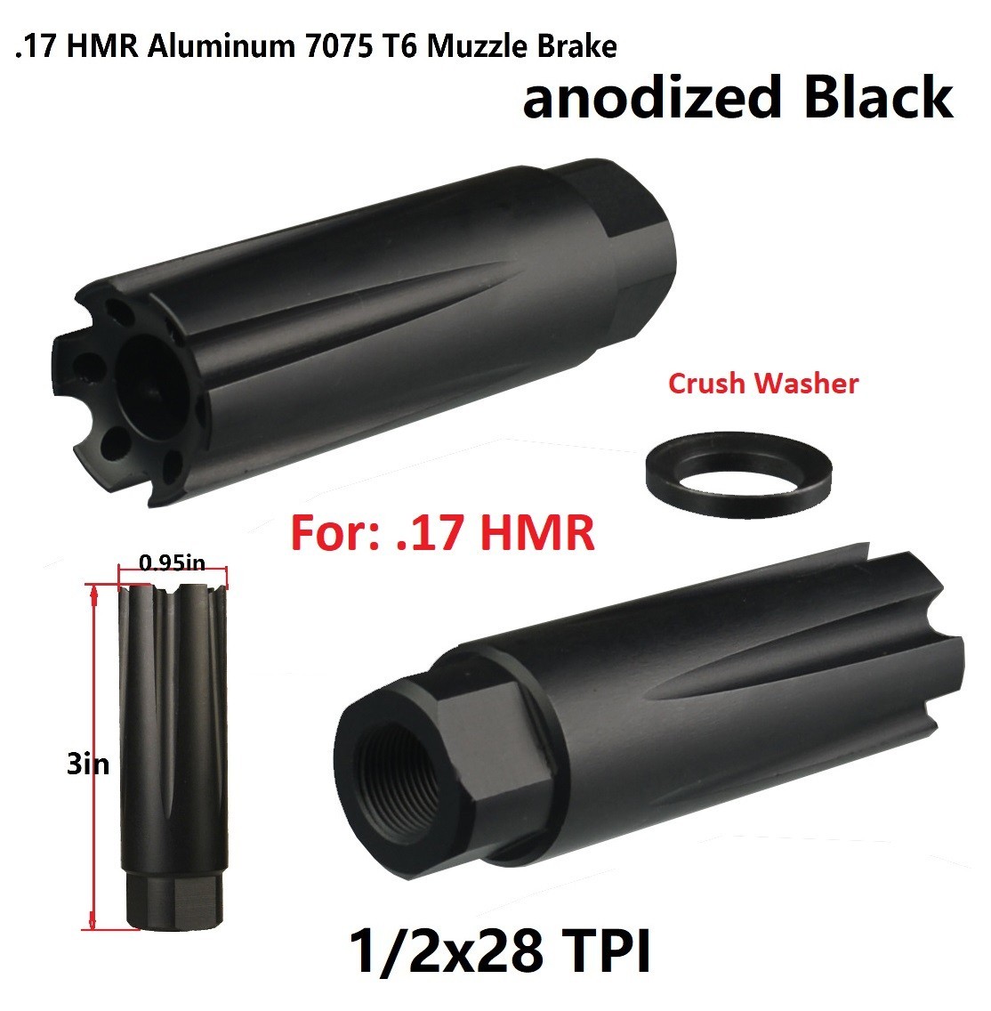 Black 1/2x28 TPI 7075 T6 Aluminum .17 HMR Muzzle Brake Compensator RPR .17 HMR