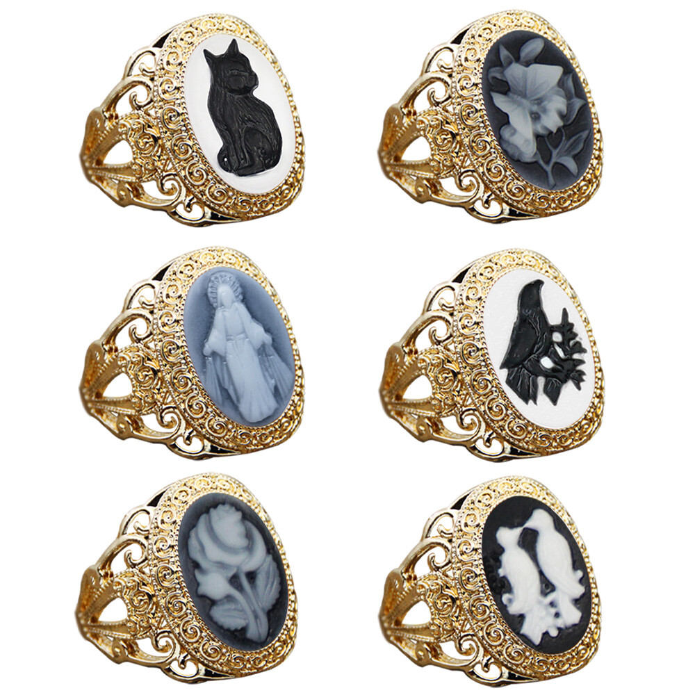 Wholesale Lot 10pcs Crow Cat Flower Cameo Ring Gold Color Assorted Women Jewelry
