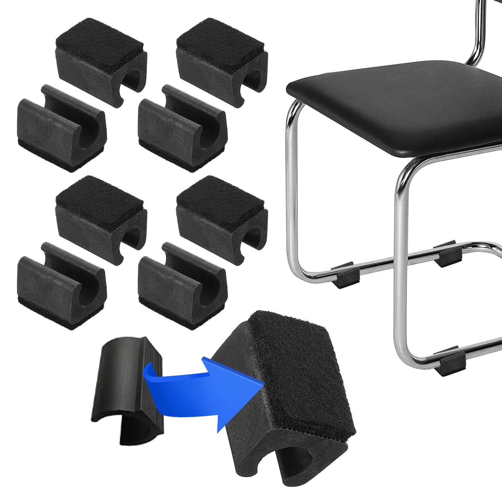 8 Pack Rectangle U Shaped Chair Leg Tip Cap with Felt Pad Fit Dia 12 mm, Black