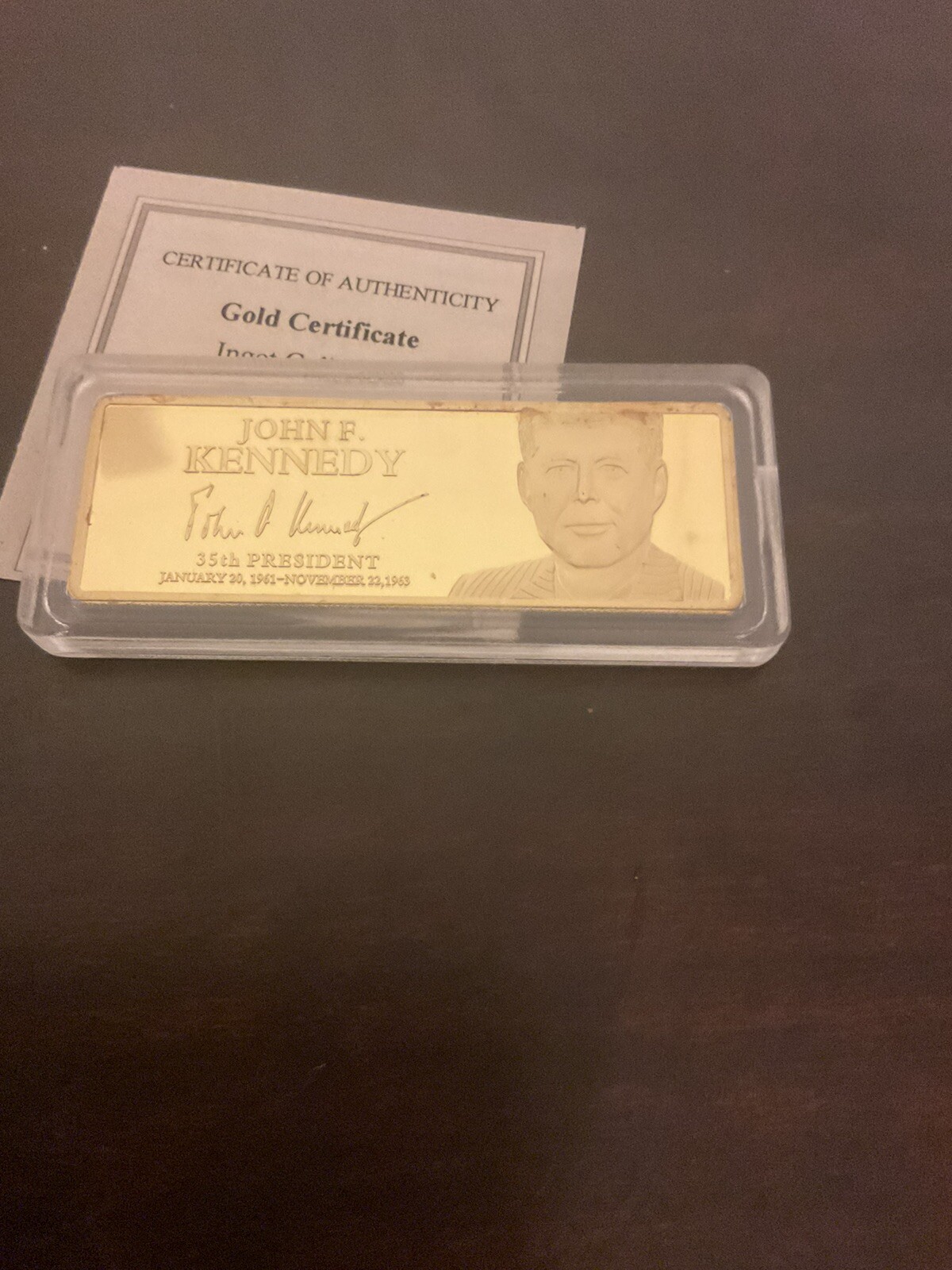 2012 Greatest US Presidents JOHN F. KENNEDY Gold-layered Commemorative Ingot COA