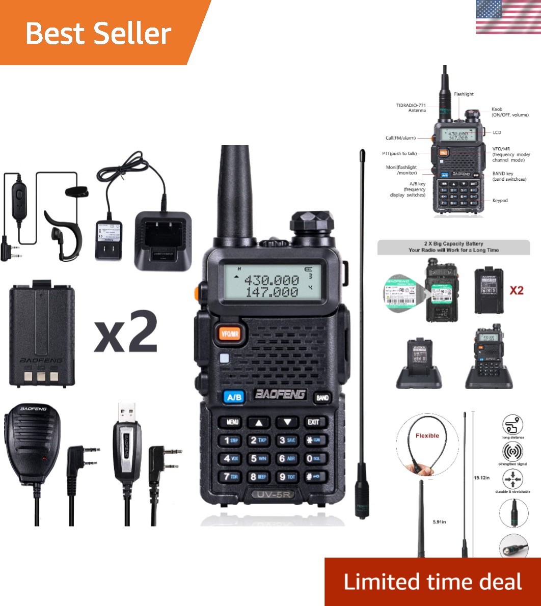 UV-5R Dual-Band Ham Radio Kit with Extended Battery & Long Antenna