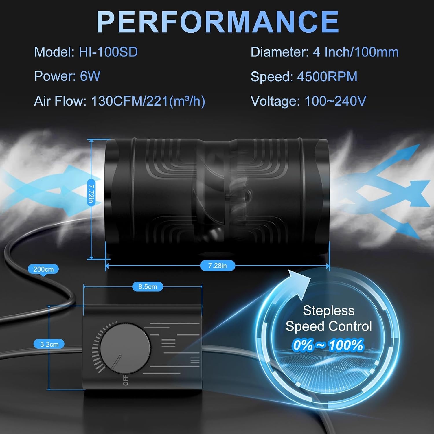 4 Inch Upgrade Inline Duct Fan with Stepless Speed Controller - 130 CFM, 6W L...