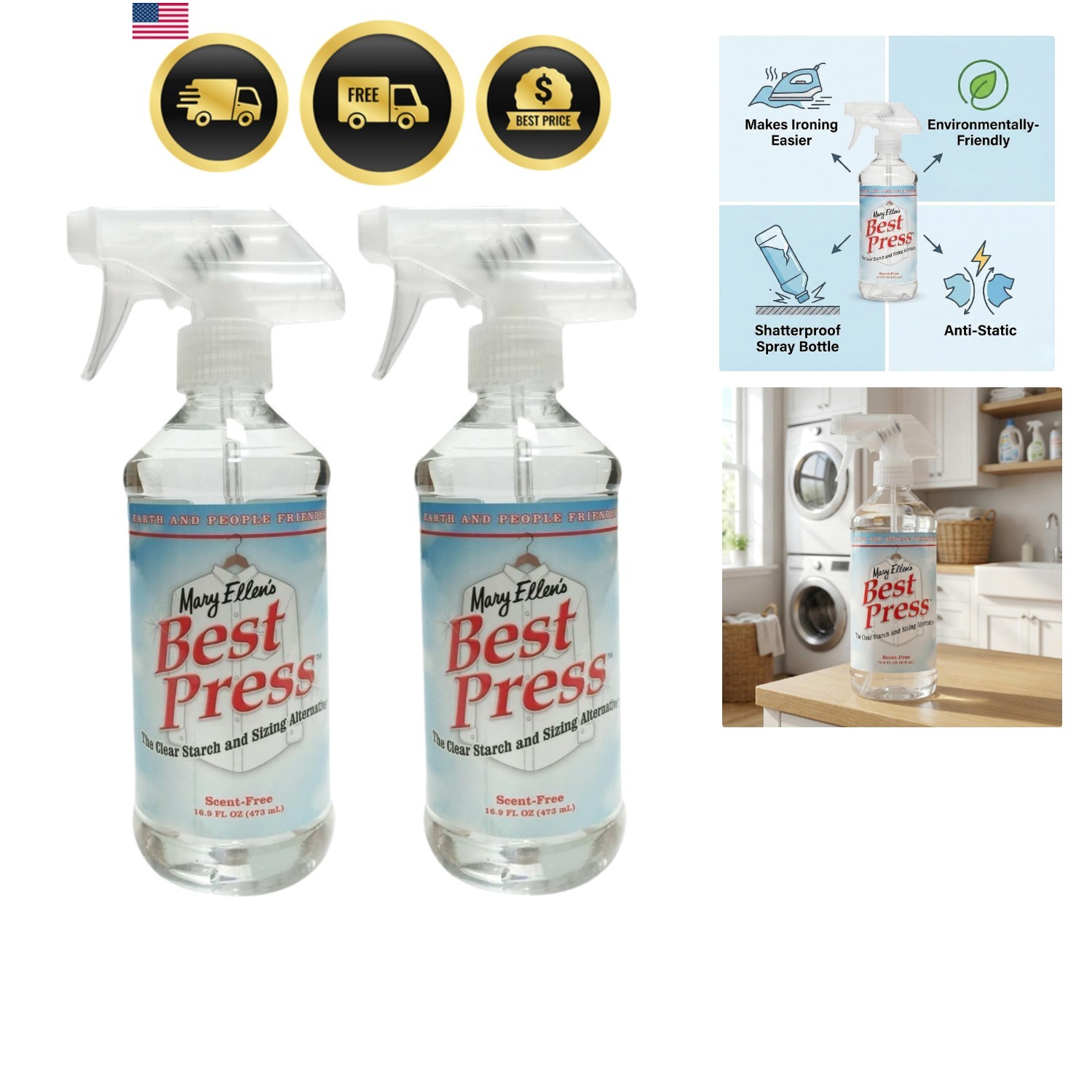 Mary Ellen's Best Press -2 pack - Clear Starch Alternative Ironing Spray, Sce...