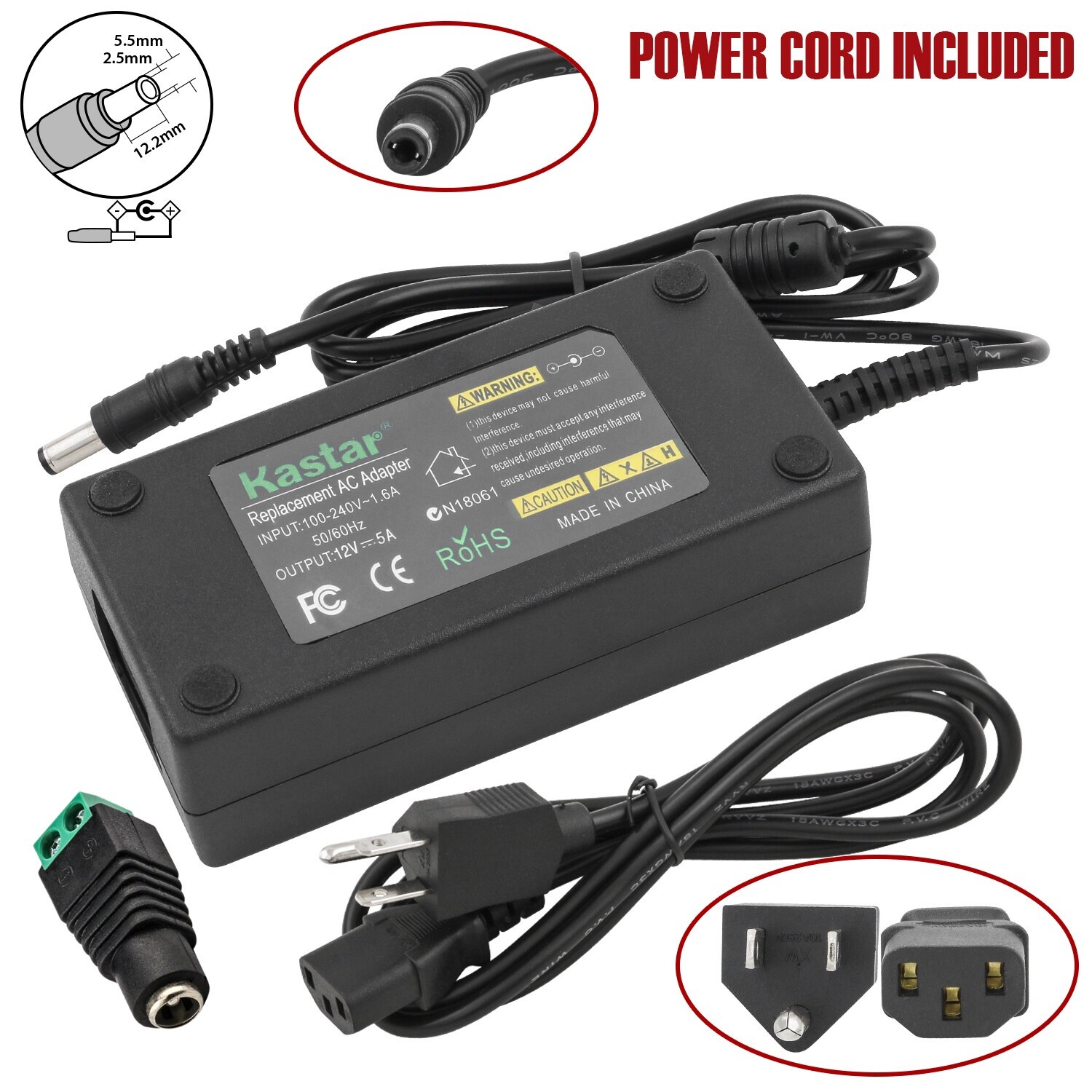 Kastar 100V-240V to 12V 5A 60W Switch Power Supply Adapter for LED Strip Light