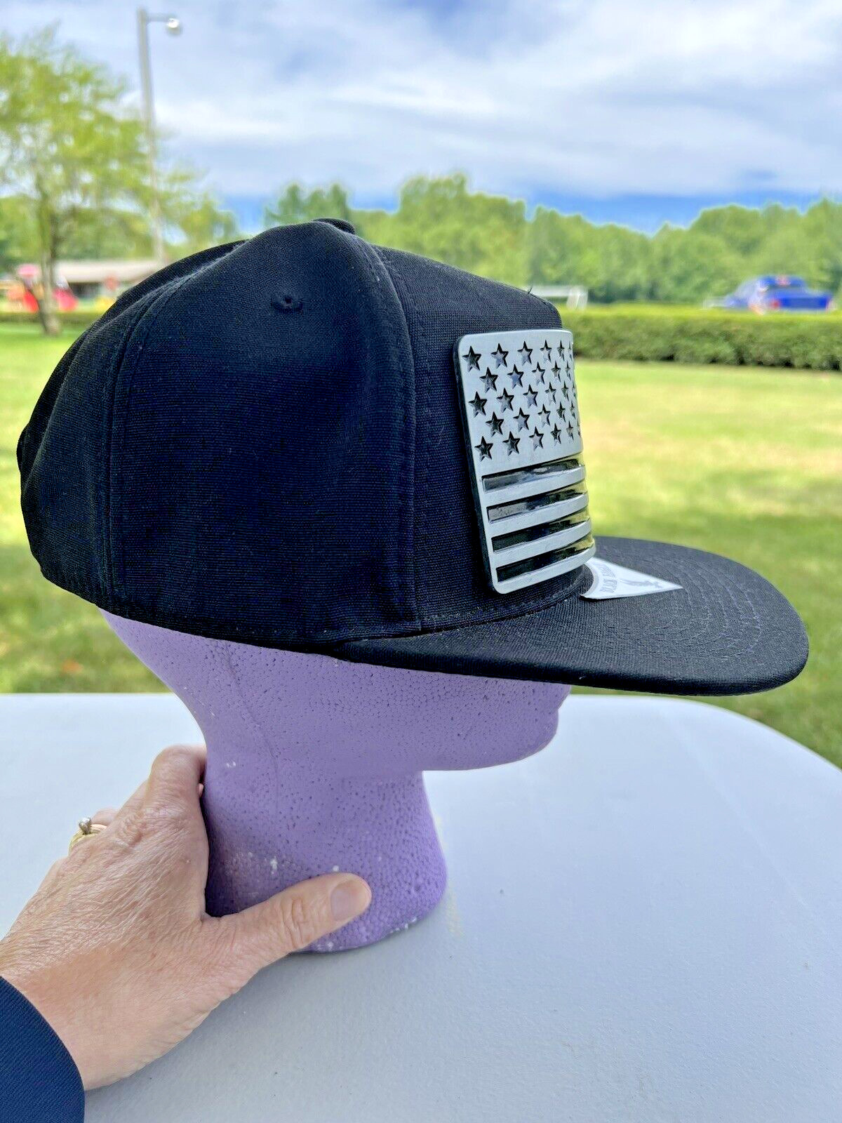 Black Eagle Hat Snapback w/Metal American Silver Flag Riveted on Front EUC