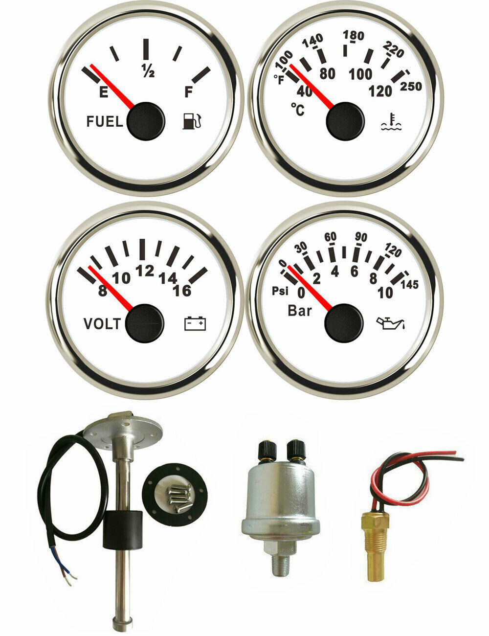 4 Gauge Set with Senders 52mm Fuel Gauge Oil Pressure Volts Water Temp USA STOCK