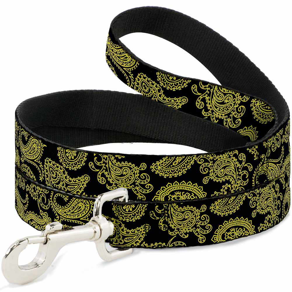 Dog Leash Paisley Black/Neon Yellow WIDE 1.5"