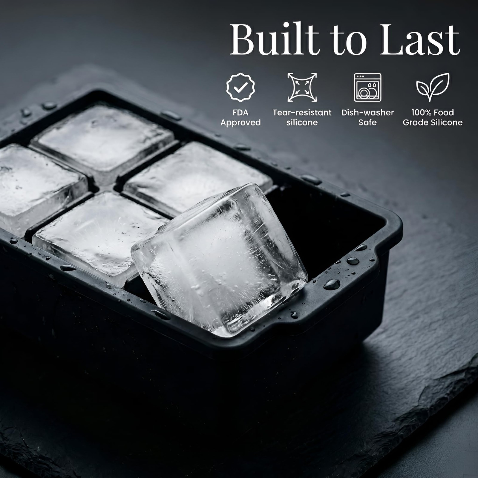 Large Silicone Ice Cube Tray (2-Pack), Easy Release 2-Pack, Black