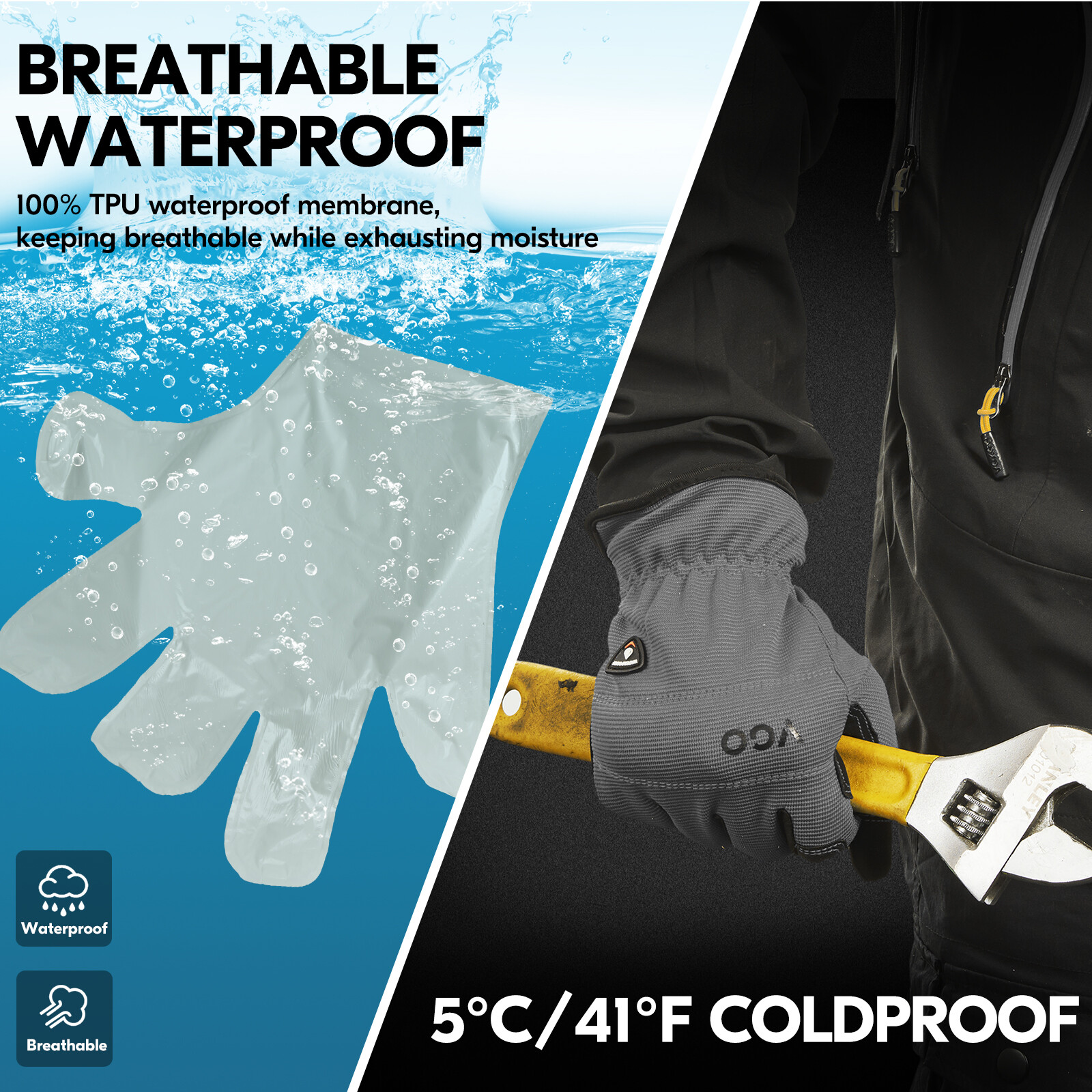Vgo 1Pair 41℉ Lined Touchscreen Waterproof Winter Work Gloves (NB7581FLWP-GRA)