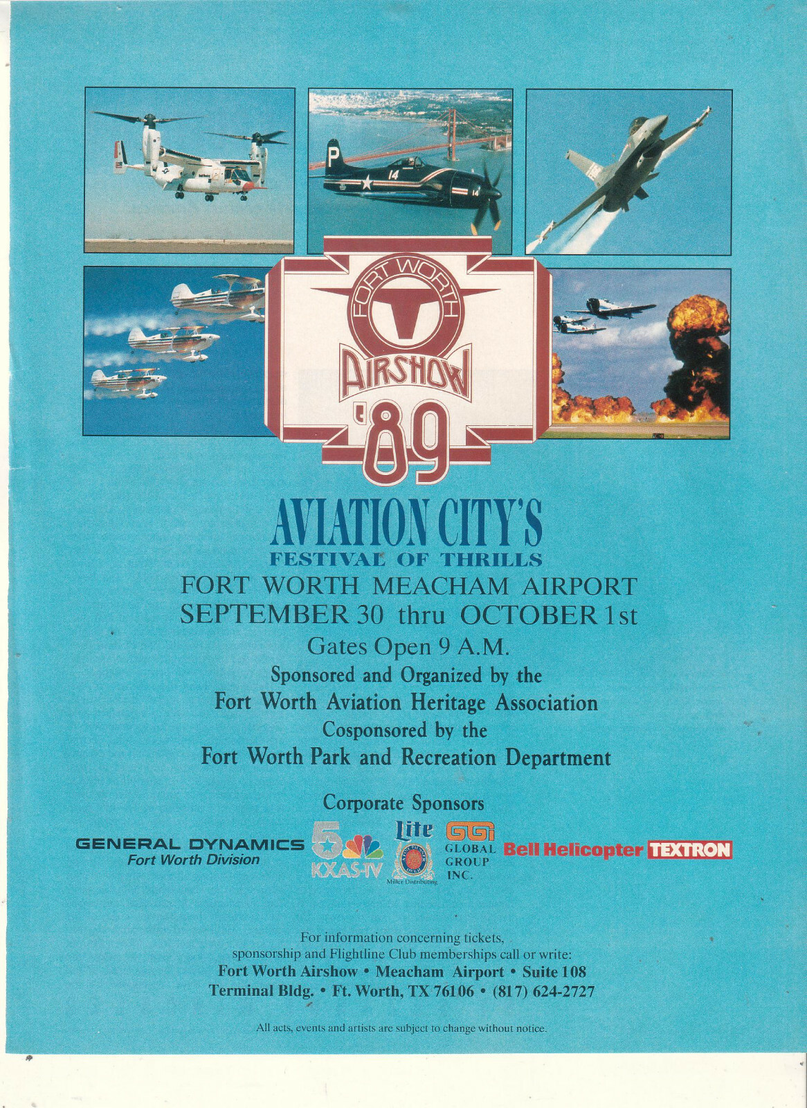 Fort Worth Airshow 1989 Ad- Aviation City's Festival Of Thrills Advertisement